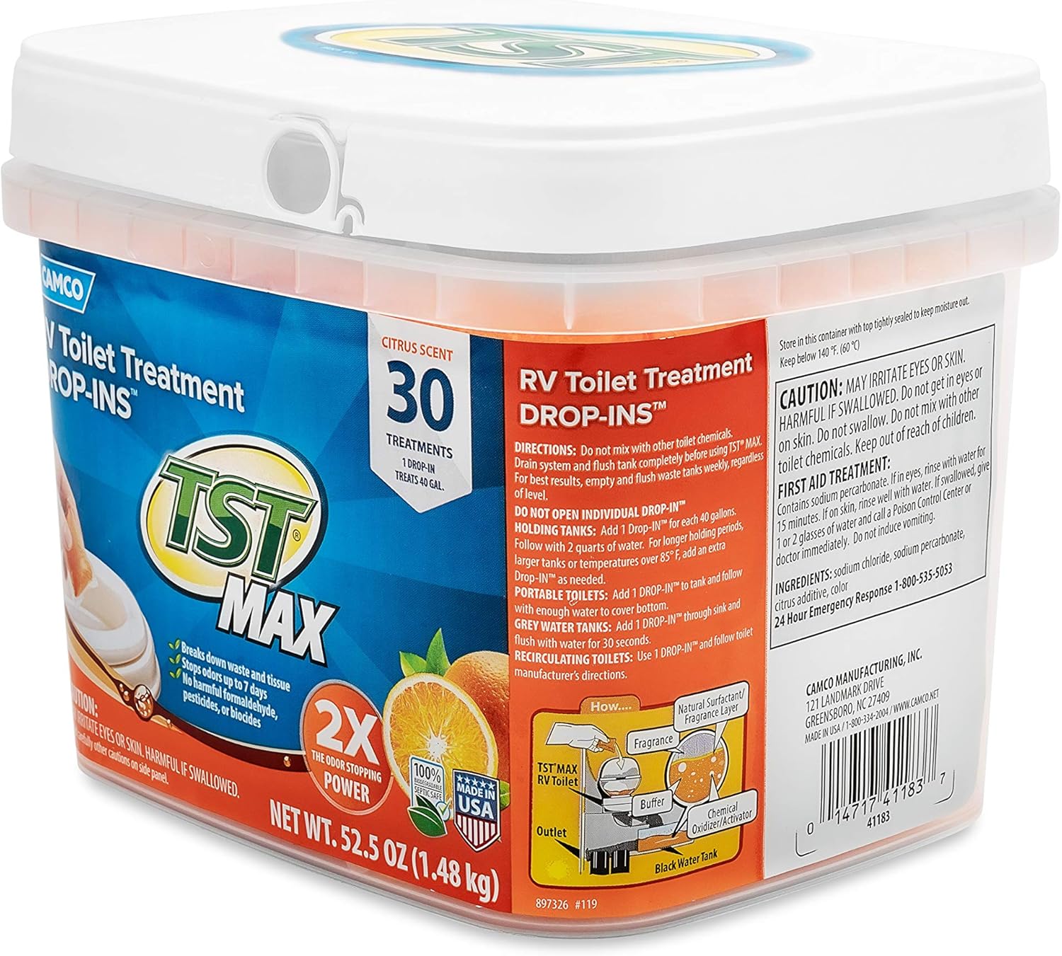 Camco TST Ultra-Concentrated Orange Citrus Scent RV Toilet Treatment Drop-Ins, Formaldehyde Free, Breaks Down Waste And Tissue, Septic Tank Safe, 30-Pack (41183): Automotive