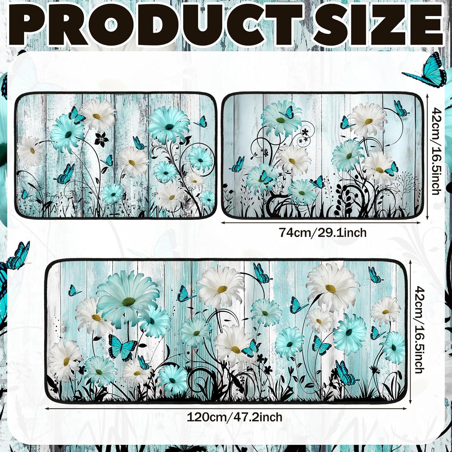 Drydiet 3 Pcs Spring Teal Daisy Kitchen Rugs and Mats Set Farmhouse Rustic Non Slip Rug Waterproof Floor Mat Teal Butterfly Floral Decor for Kitchen Bar Office Home Bathroom Door Party Decor