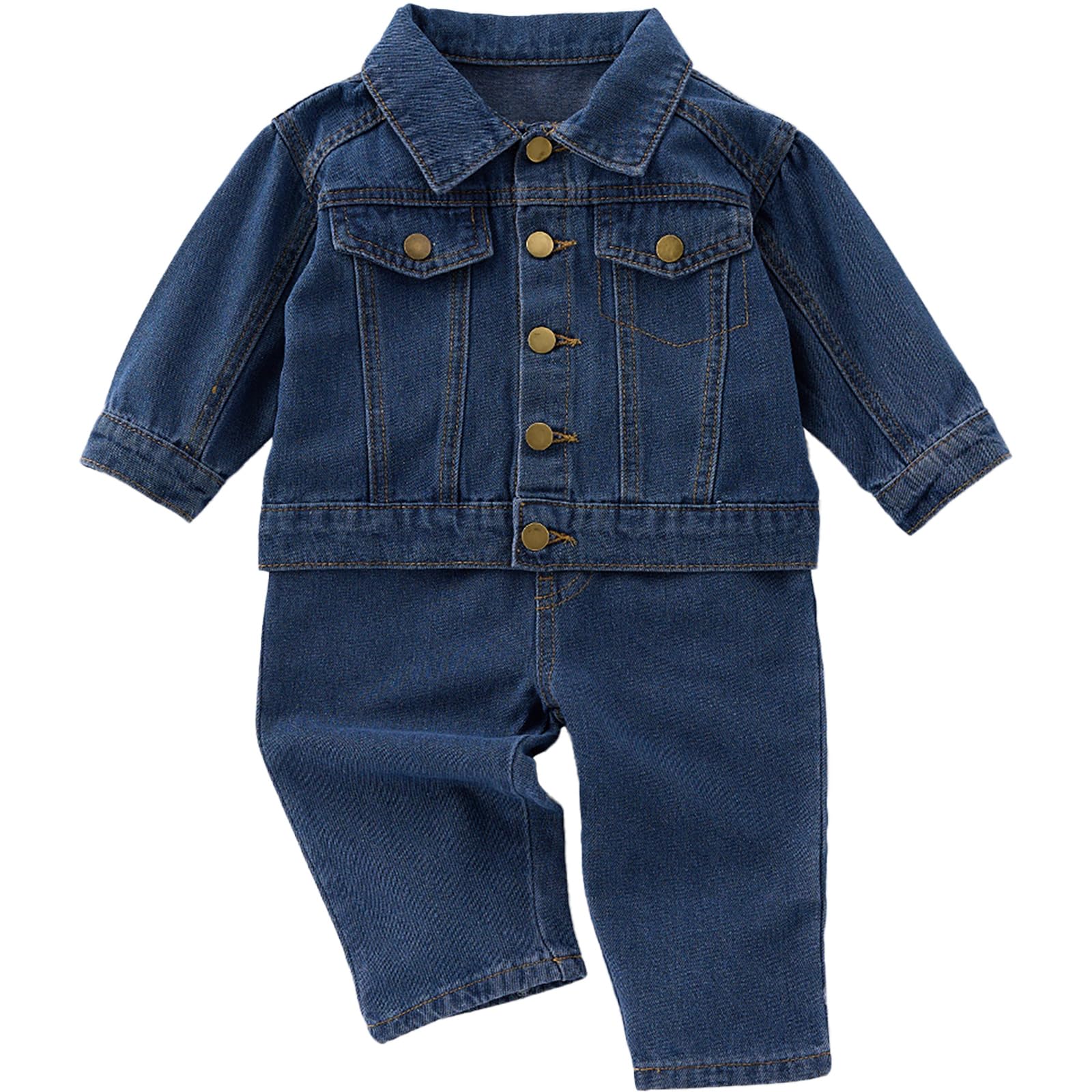 Cantuccistudio Collared Pocket Top and Long Pants Denim Set for Baby