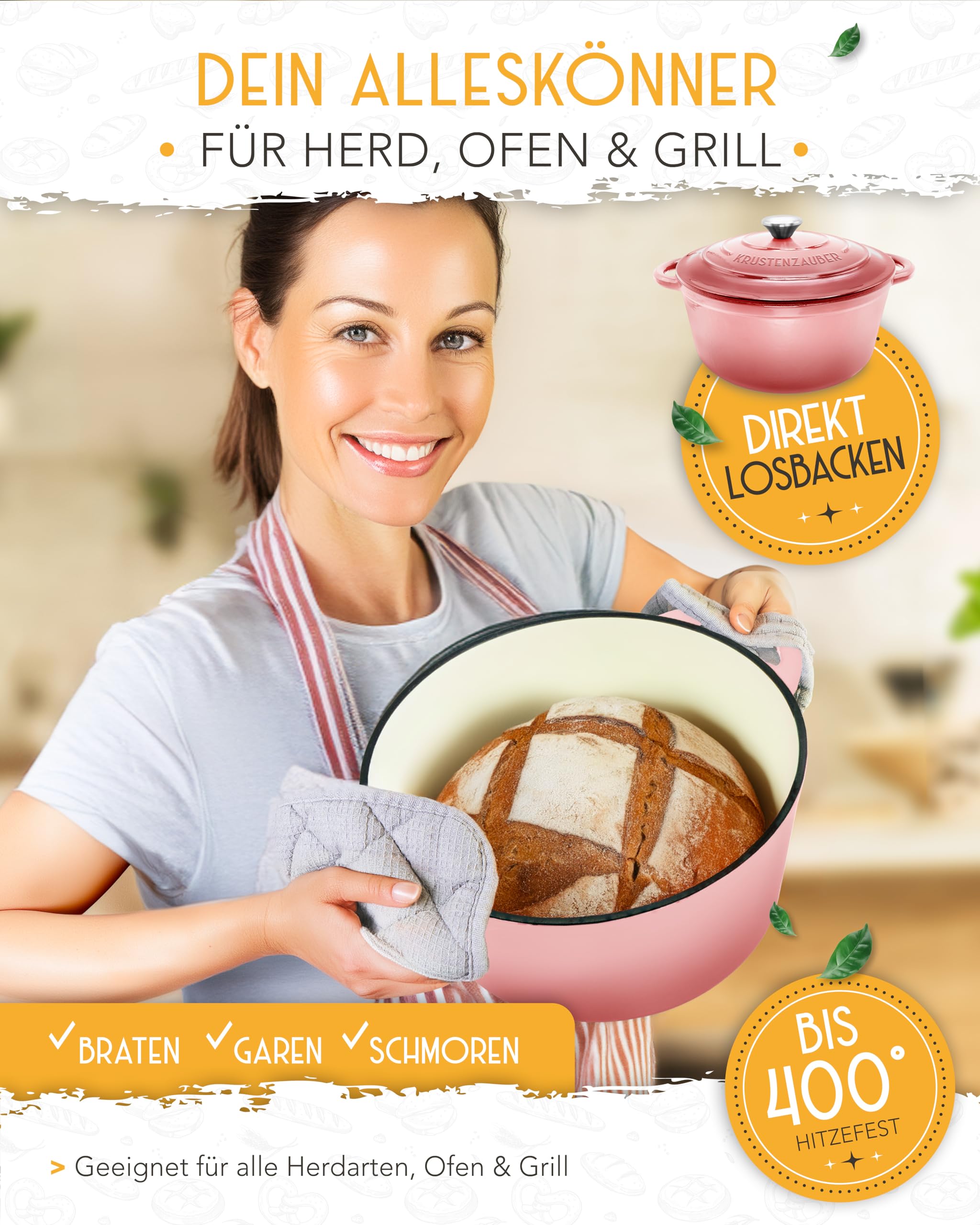 Gusseisen Topf Brot Backen emailliert im XXL Set - Brotbackform mit Deckel inkl Gärkorb, Schneebesen, Bäckermesser, Teigschaber, Brotschlinge etc. Perfektes Brotbacktopf Set für Anfänger
