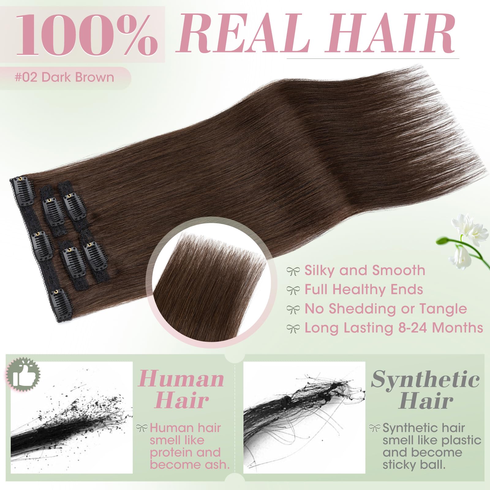 Elailite Echthaar Extensions Clip Silk Lace in Tressen 5Stücke Haarverlängerung Haarteile Unsichtbar 55g 55cm für Volumen/Meches #2R Dunkelbraun