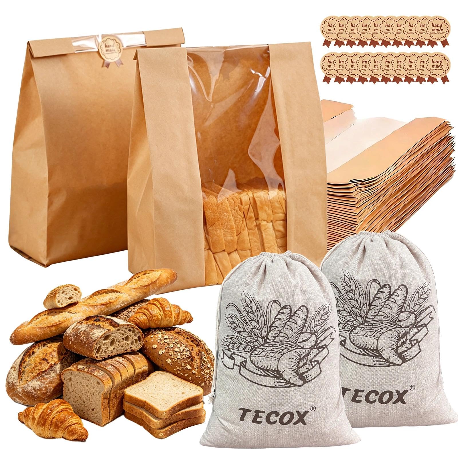 Mfskjelf Brown 30Pcs Paper Bread Bags With Window, 2Pcs Linen Bread Bag, Bread Bags For Homemade Bread, Kraft Paper Bakery Bags For Cookies Snacks & Gifts Includes 30 Sealing Stickers