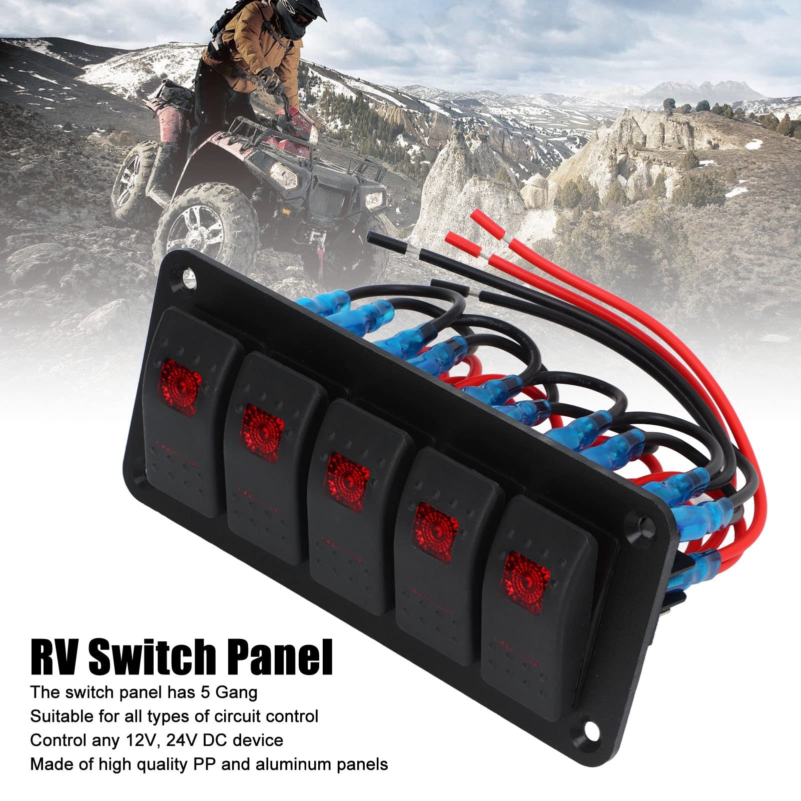 Tissting Pannello Interruttori 5 Gang 12V/24V 20A/10A Impermeabile Pulsantiera Barca con Etichette, LED Luce Rossa Retroilluminata Interruttori a Levetta per Auto Barca Camper