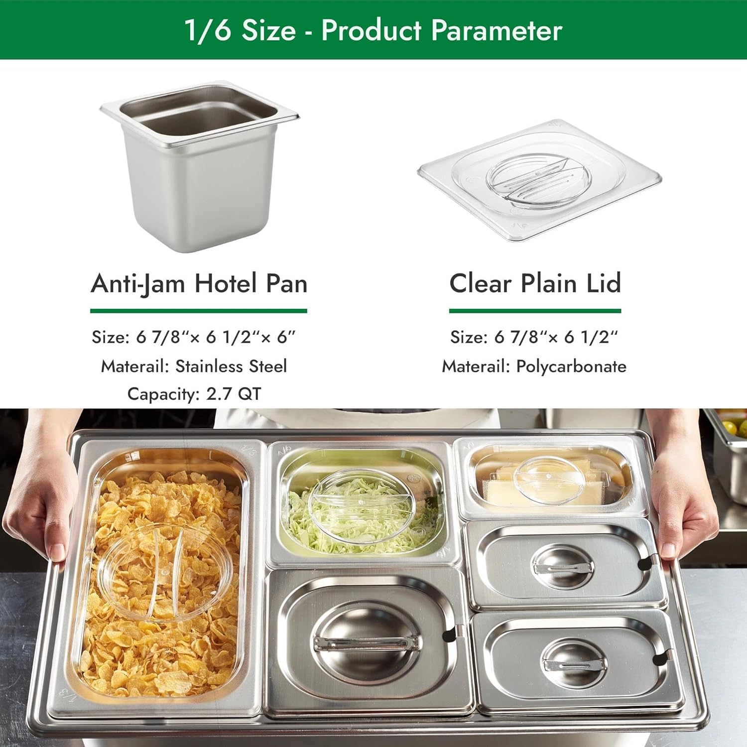 HECMAC 6 Pack 1/6 Size 6 Inch Deep Anti-Jam Hotel Pan with Clear Plain Lid, Heavy Duty, Commercial Stainless Steel Pan, Metal Food Pan, 23 Gauge