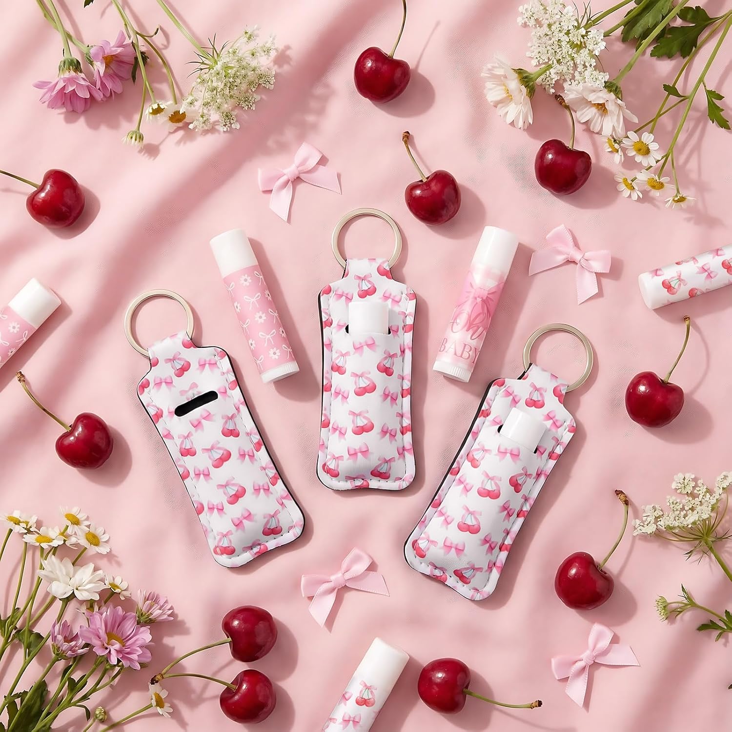 36 Pcs/18 Set Pink Bow Baby Shower Favors for Guest Coquette Cherry Daisy Bow Lip Balm and Holder Keychain Bulk Thank You Gifts Gender Reveal Return Gifts for Souvenirs Prizes Baptism Parties