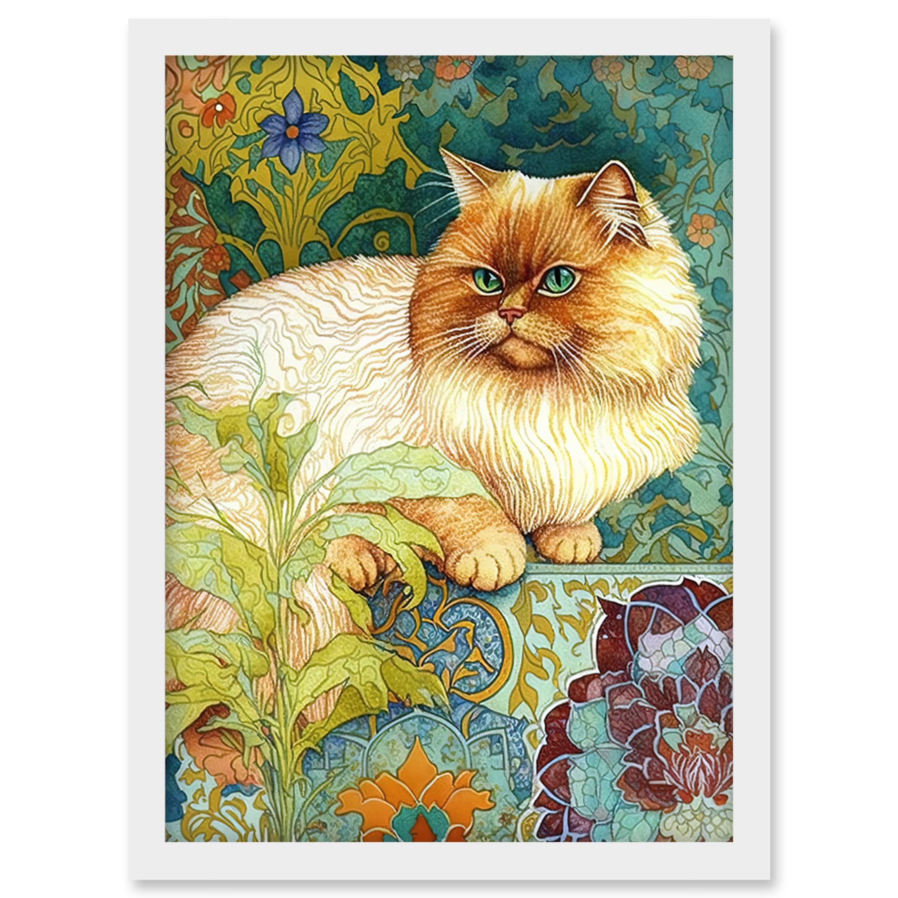 A4 Framed Art Print - William Morris Inspired - Orange Persian Cat Floral Illustration - Modern Artwork