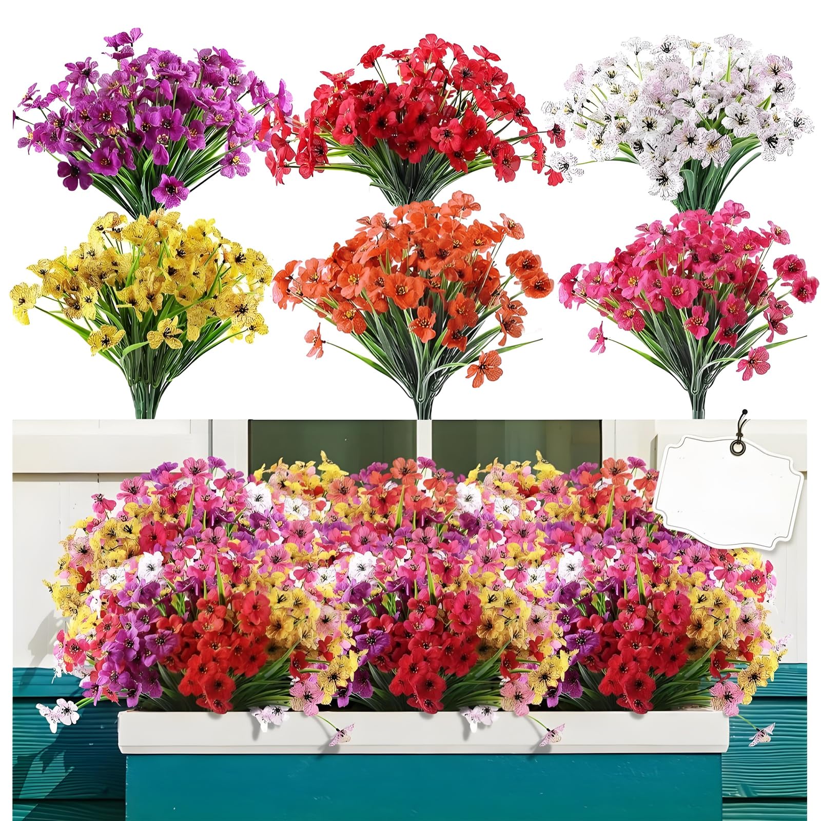 Xmdrou Multicolor Outdoor Artificial Flowers, 6 Bundles Uv Resistant Greenery Shrubs Plants, 6 Colours No Fade Fake Plastic Faux Silk Flowers For Indoor Outside Garden Porch Hanging Planters Decoration