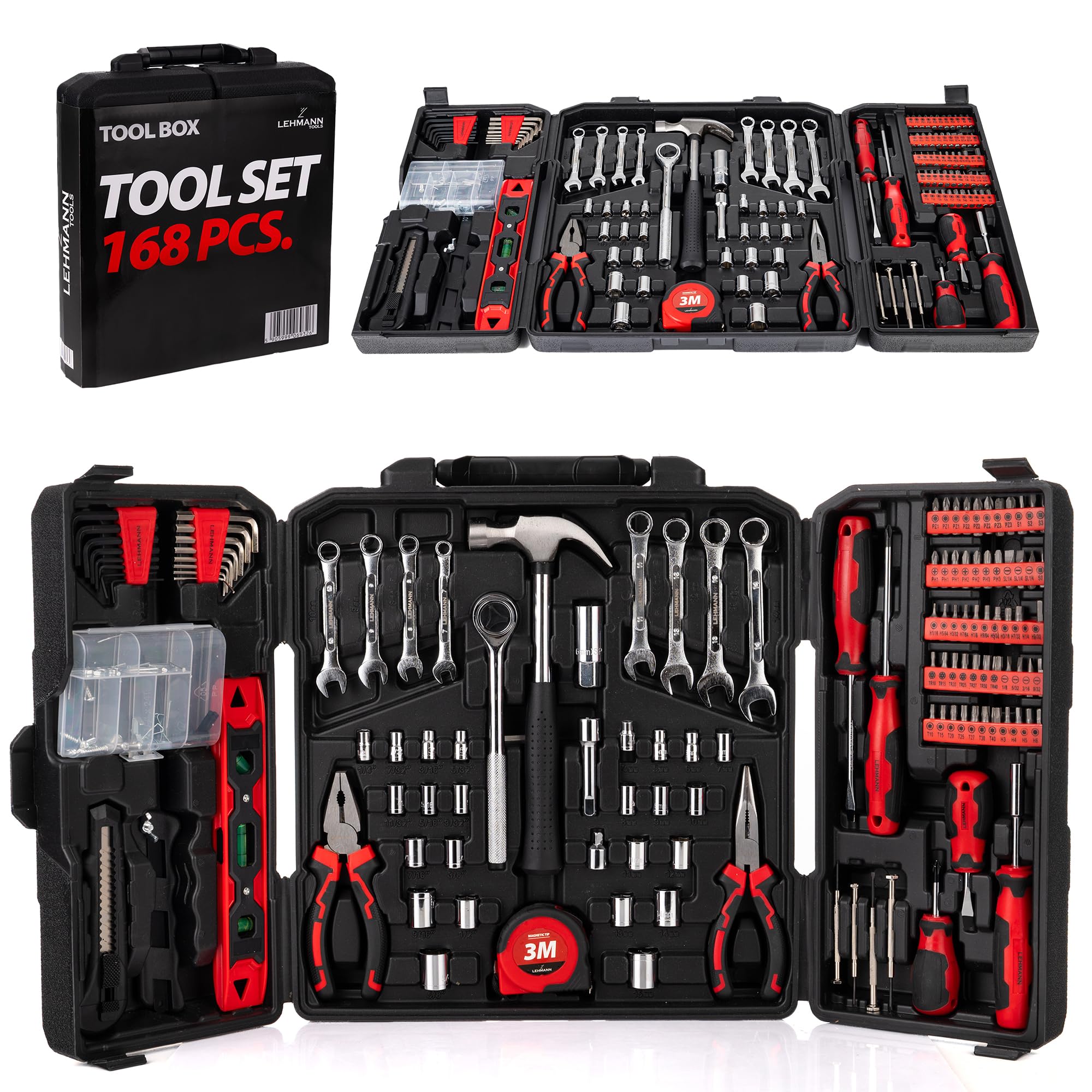 LEHMANN Cassetta Attrezzi Completa 168 pezzi - Valigetta Pieghevole con Maniglia di Trasporto - Set Attrezzi da lavoro Portatile - Kit ideale per Fai-da-te, Casa e Garage