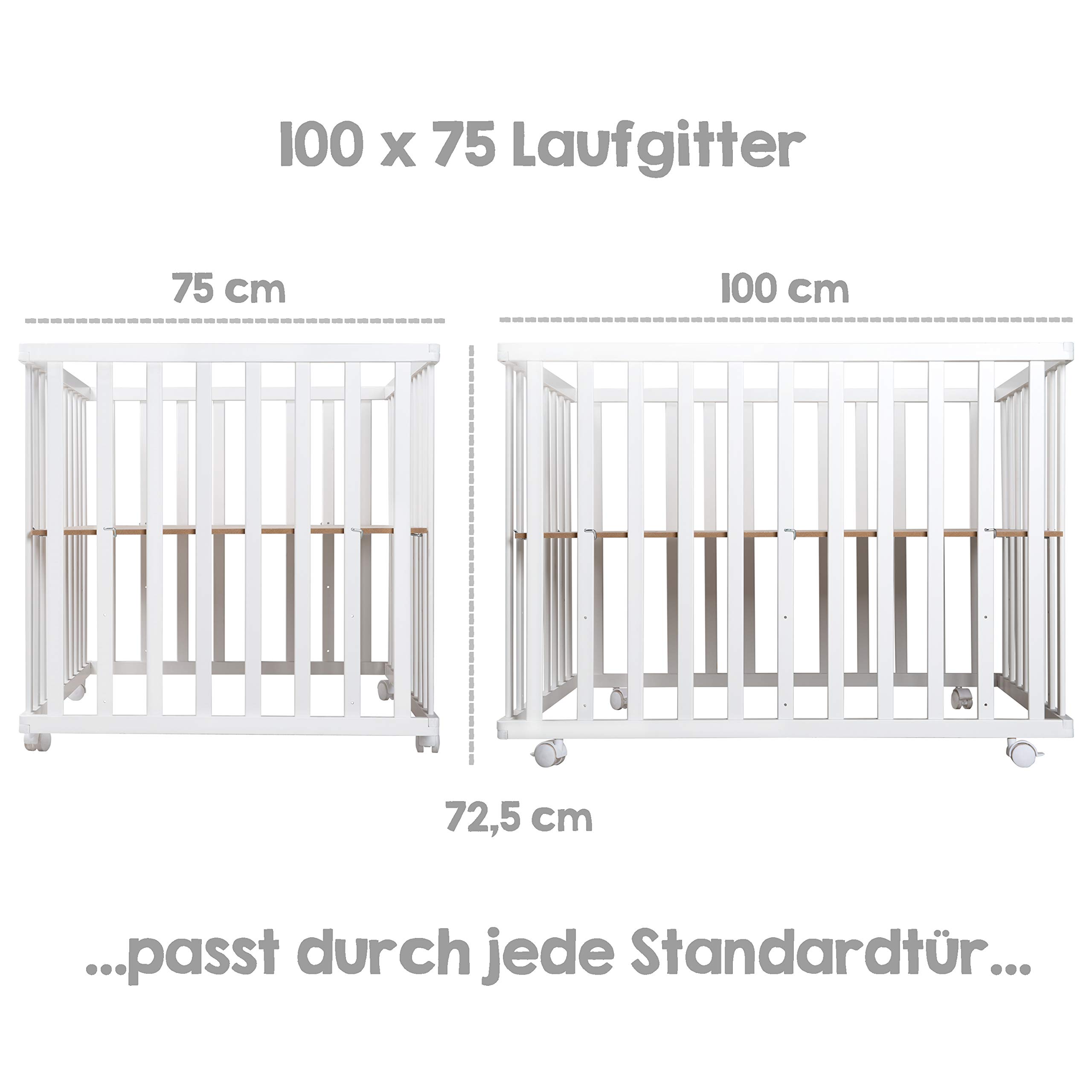 roba Parc Bébé en Bois 75 x 100 cm + Tapis de Parc roba Style Gris - Base Ajustable en Hauteur sur 3 Niveaux - Roulettes avec Freins - Laqué Blanc
