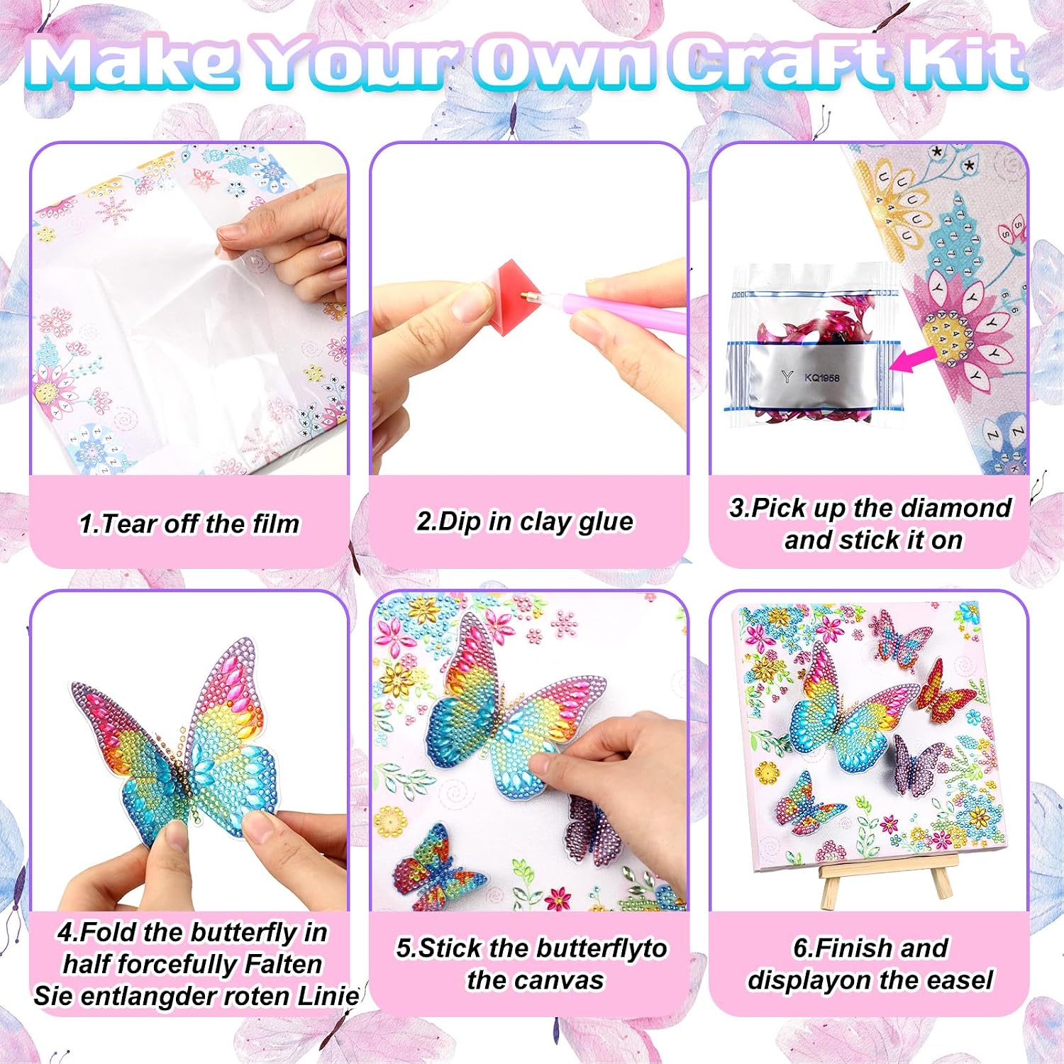 Konohan 4 Pcs Arts and Crafts for Kids Age 8-12 Diamond Art Kit for Kids Interchangeable Diamond Painting Birthday Presents Toys for Girl Teen, Fun Activities Gem Art Butterfly Kit with Frame
