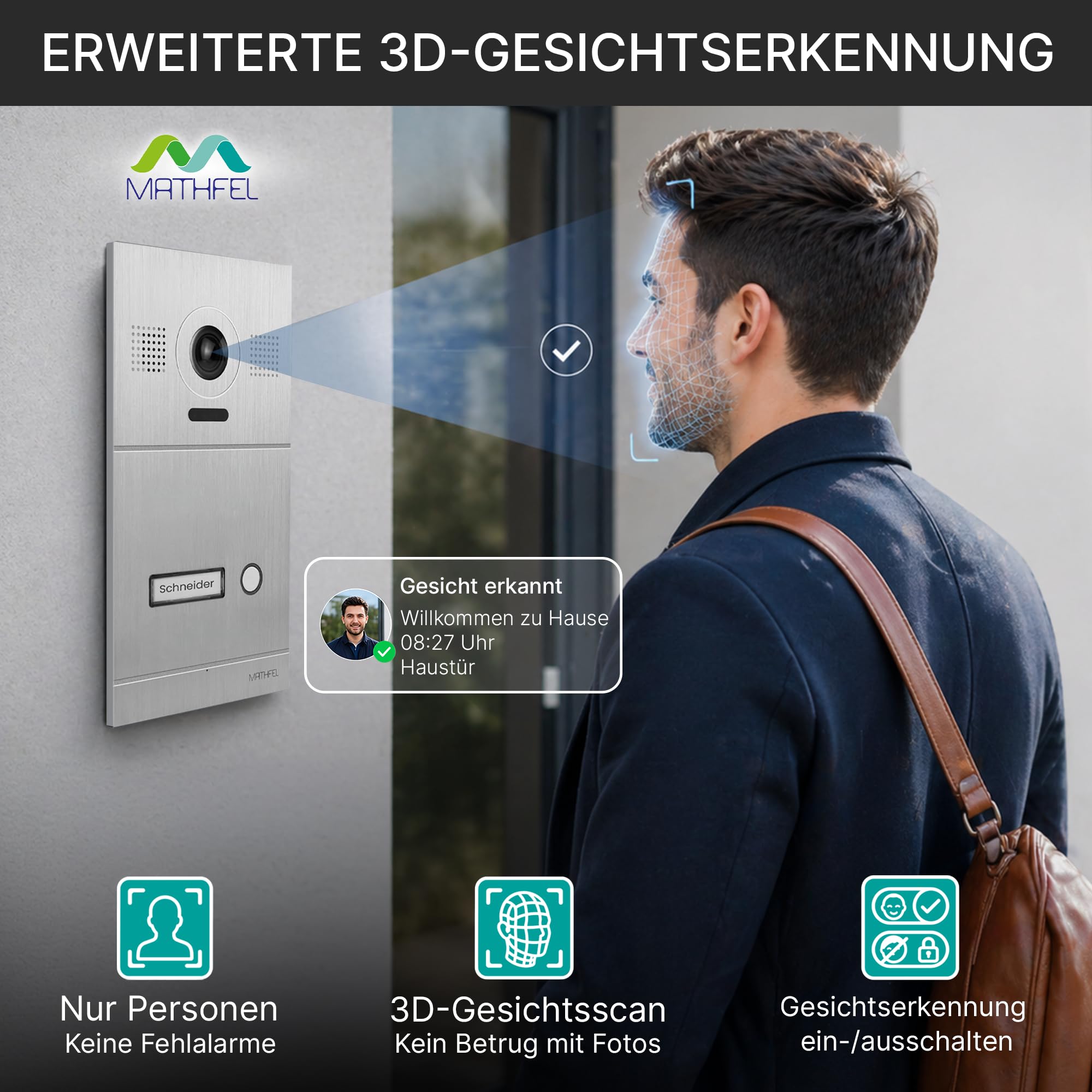 Mathfel 2-Draht IP Video-Türsprechanlage mit Türöffner – Full-HD Kamera, 7" Monitor & App-Steuerung – Smarte Video-Türklingel mit Gegensprechanlage (Silber, 1 Klingeltaster)