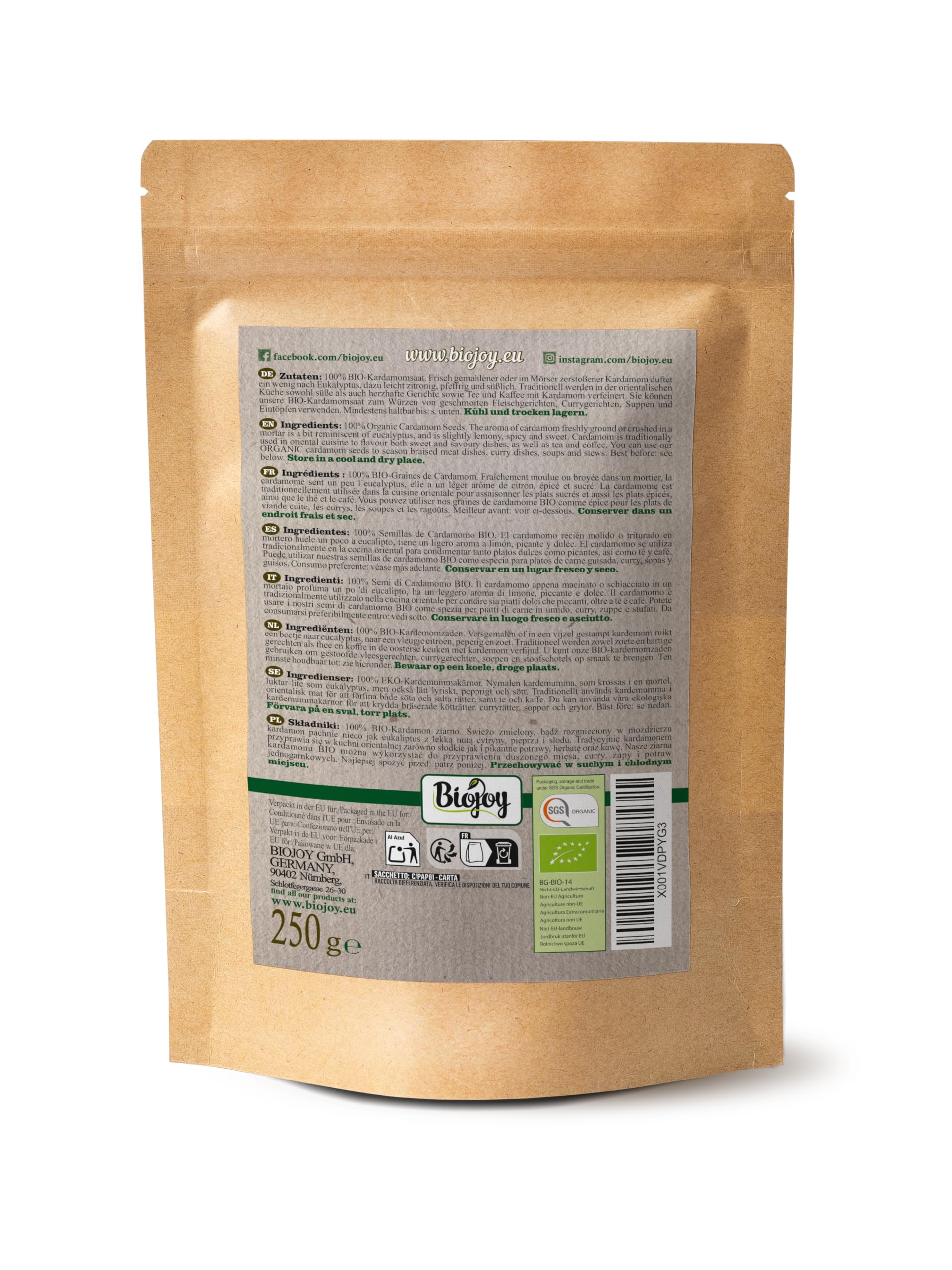 Biojoy Cardamomo semi BIO (250 g), interi e sgusciati (Elettaria cardamomum)