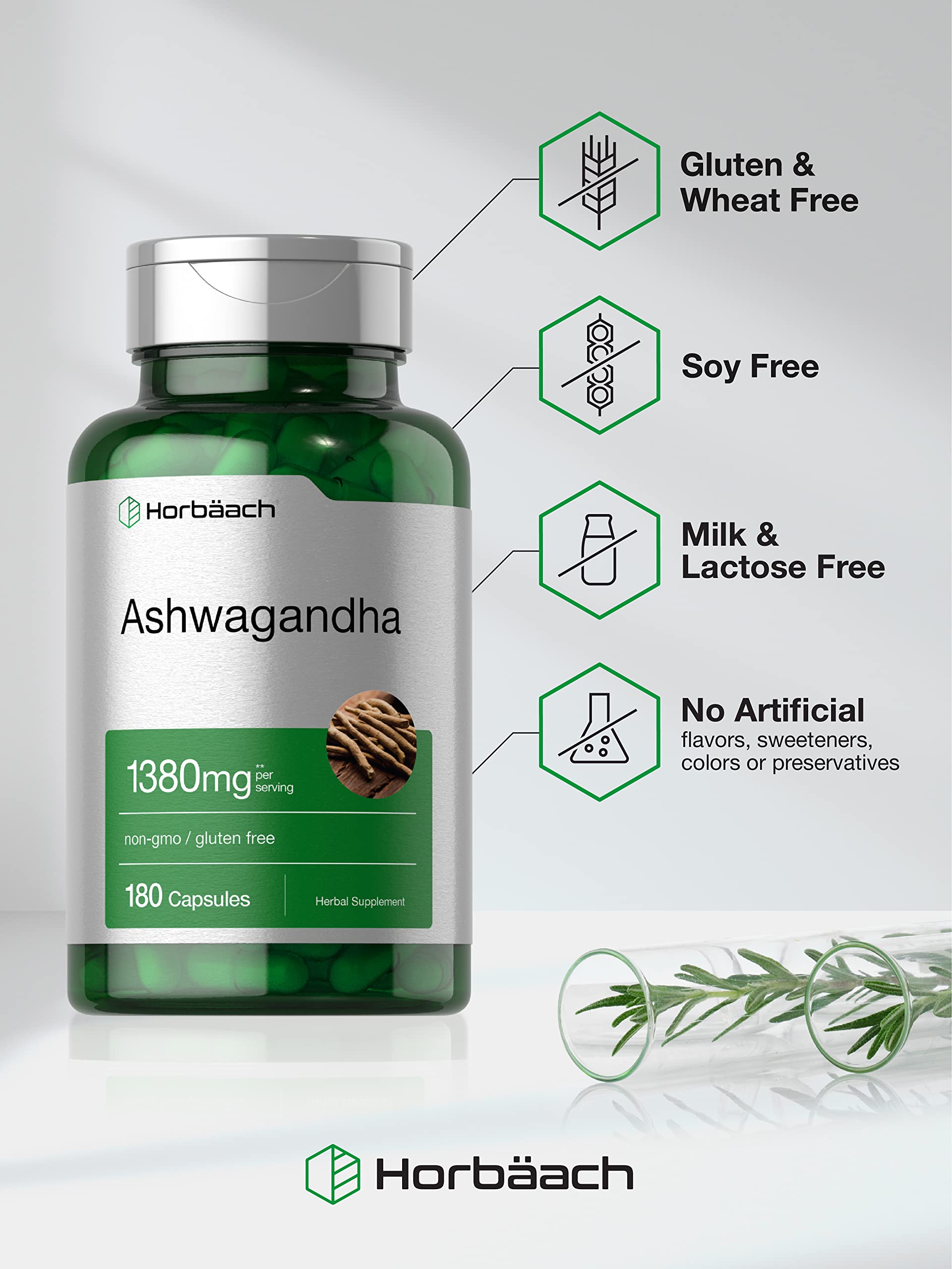 Horbäach Ashwagandha Supplement | 180 Capsules | for Women and Men | Herbal Root Extract | Non-GMO, Gluten Free