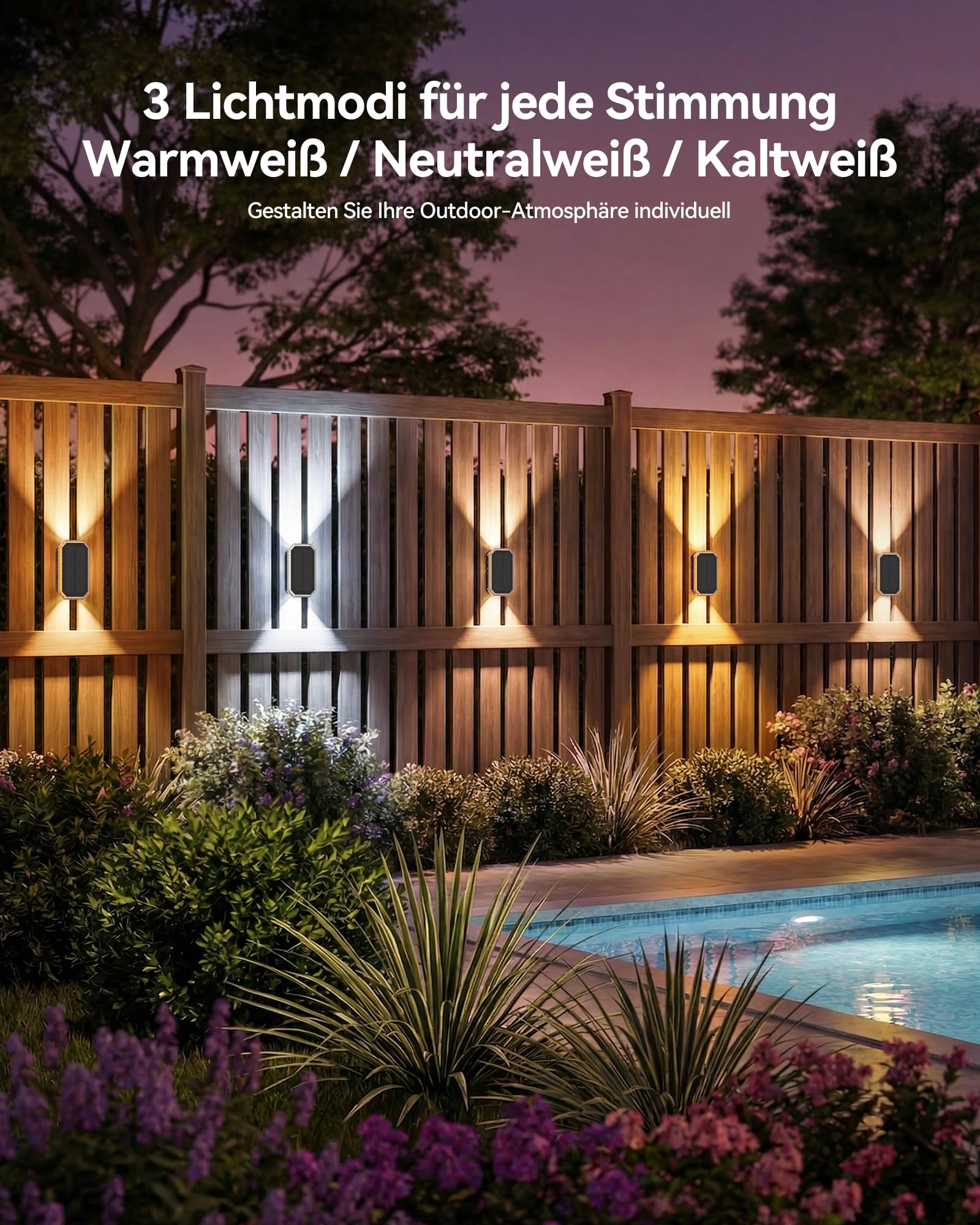 TECKNET Solar Wandleuchten für außen, Up & Down Licht, 8 Stück | Solarlampen für außen Wand, Lange Leuchtdauer, IP67 Wasserdicht, 3 Farben (3000K/4000K/6500K), für Haus Garten Zaun Hof