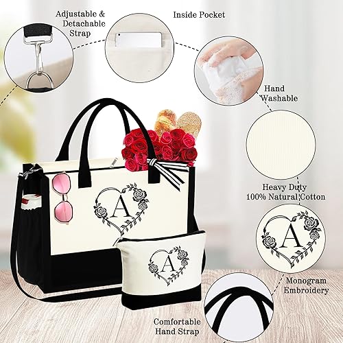 Miniatura 4 de Bolsa de lona con inicial, bolsa de playa con cremallera, bolsa de maquillaje personalizada, idea de regalo de cumpleaños para mujeres y ella, Bolsa