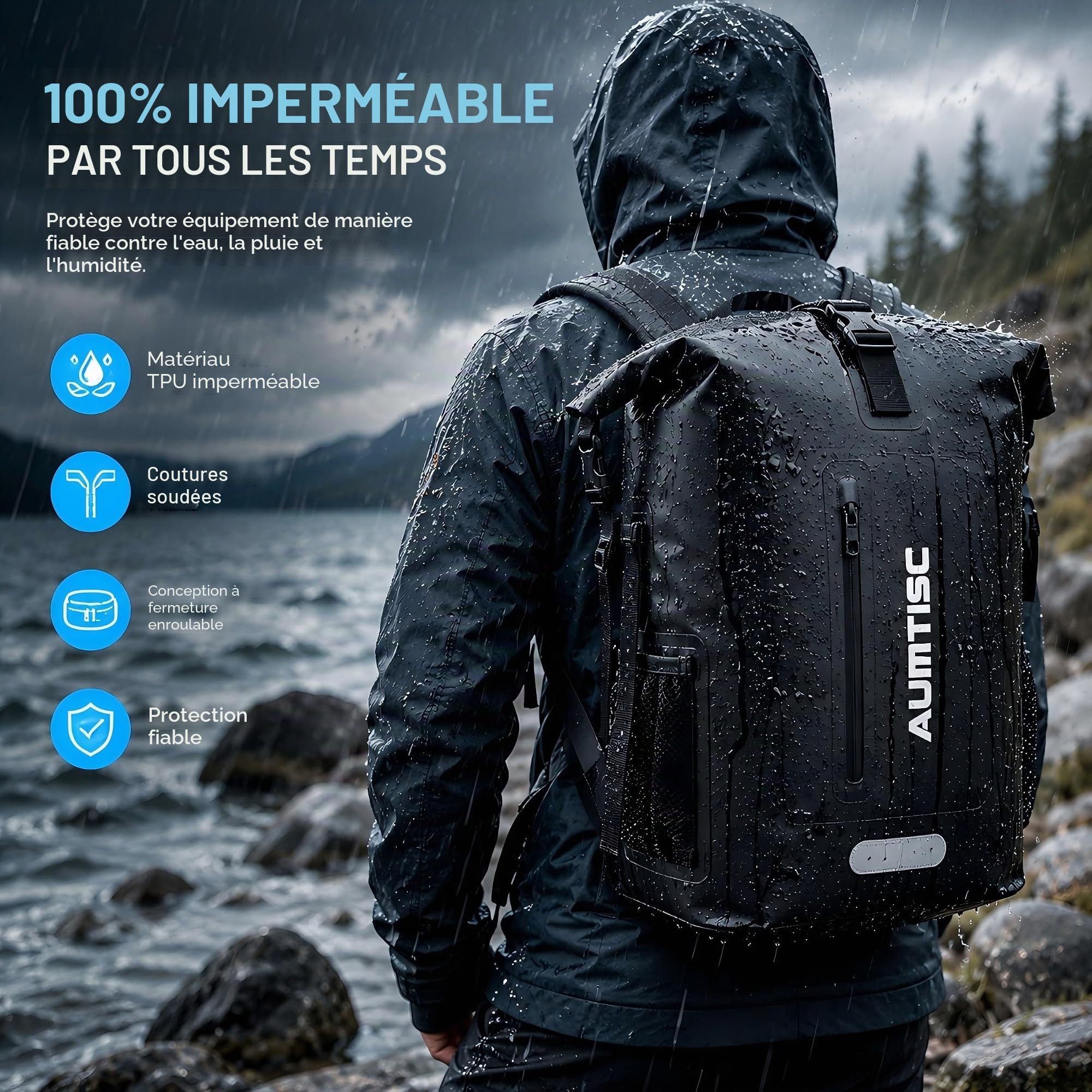 AUMTISC Sac à Dos étanche Dry Bag - 35L - avec Compartiment pour Ordinateur Portable - pour Les déplacements, l'équitation, la randonnée, Les Voyages, la pêche, Noir