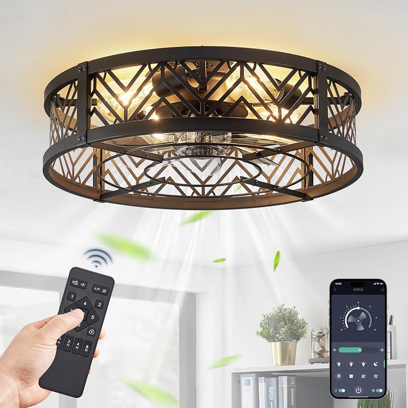 20" Caged Ceiling Fan with Light and Remote, Small Fandalier, Black | Flush Mount Low Profile, APP Control, Bladeless Industrial Enclosed, Quiet & Powerful for Bedroom, Kitchen, Dining Room
