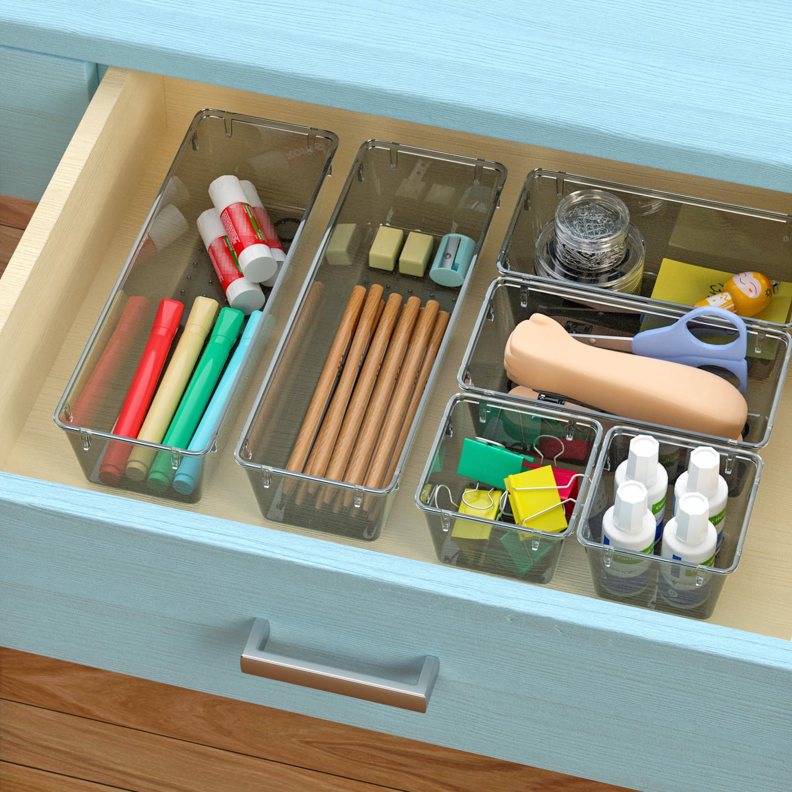 WOWBOX Juego de 6 organizadores de cajones transparentes, bandejas de almacenamiento de cajones de acrílico, contenedores de almacenamiento para maquillaje, cosméticos, joyas, utensilios,