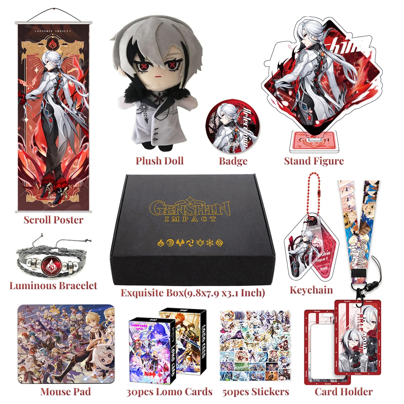 Genshin Impact Box Arlecchino Merch Set - Bambola di peluche, poster, tappetino per mouse, figura di supporto, braccialetto, distintivo, portachiavi, porta carte, 30 carte Lomo, 50 adesivi
