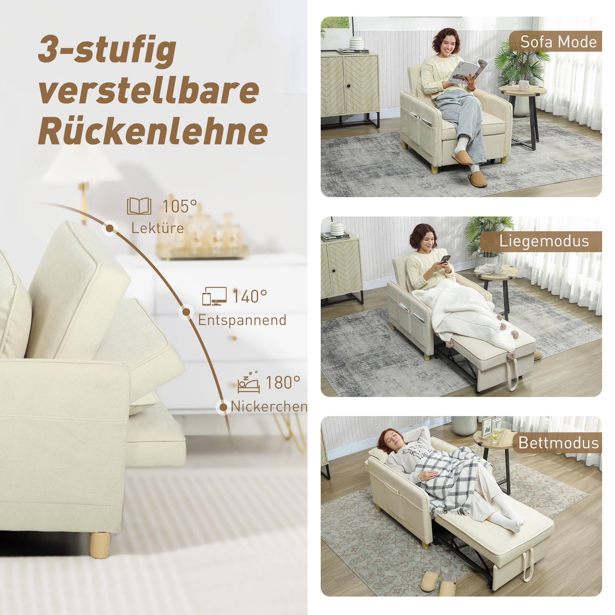 HOMCOM Fotel rozkładany 180x60cm 3 w 1 z funkcją łóżka, szerokie siedzisko, regulowane oparcie, poduszka lędźwiowa, sofa z kieszeniami bocznymi, aksamit kukurydziany do salonu, kolor beżowy