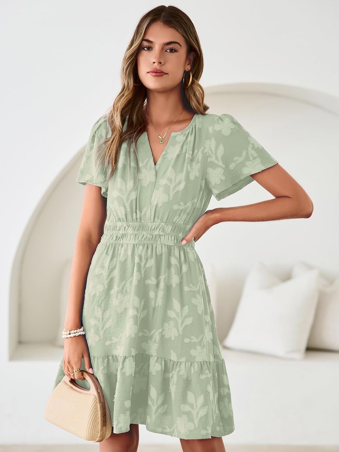 Simplee Womens Summer Floral Dress Casual Short Sleeve V Neck Empire Waist Boho Flowy A Line Mini Wedding Guest Dresses - Image 8