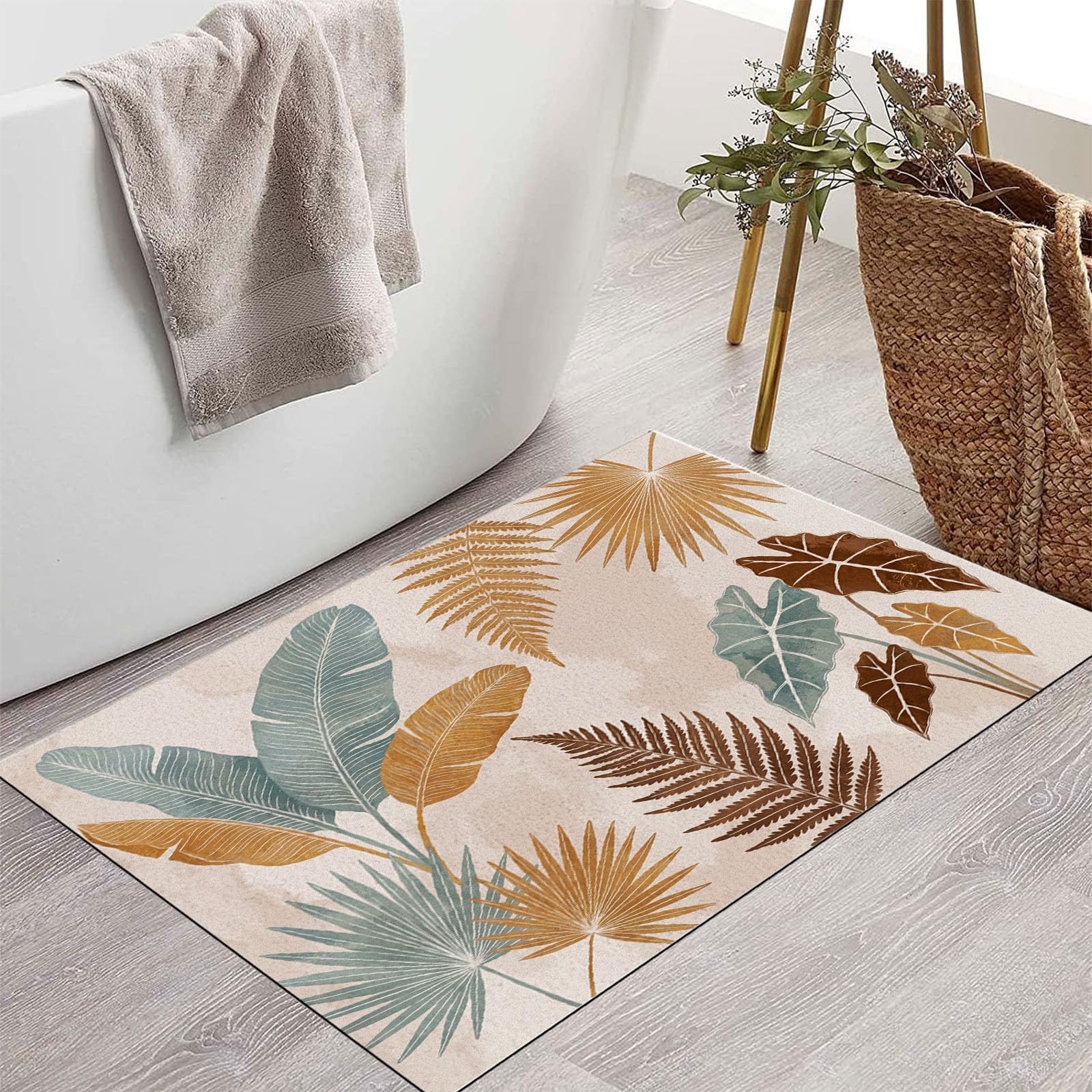 Zerbino Ingresso Interno Foglie Boeme, Zerbino Di Benvenuto Lavabile Morbida Piante Tropicali Semplici, Antiscivolo Tappeto Da Decorazioni Beige Per Casa Porta, 60X90Cm