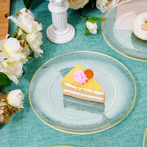 Miniatura 4 de Rubtlamp 200 piezas de platos de postre dorados transparentes con tenedores de plástico dorados, 100 piezas de platos de 7.5 pulgadas para