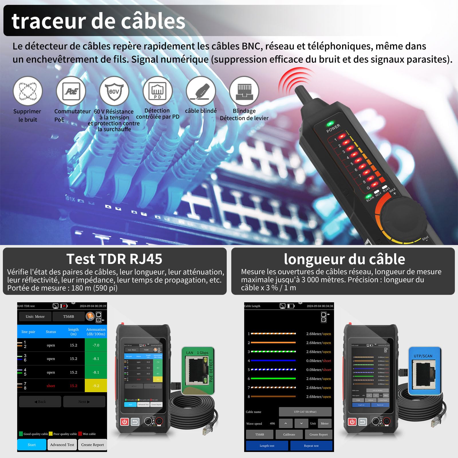 Henkion Testeur Câble Réseau RJ45 Professionnel Écran IPS 4", Ethernet Tester Rechargeable, Outils Réseau, Détection POE++, Digital Multi-Meter, OPM, Mesureur de Longueur Câble, TDR, NCV, LEVEL METER