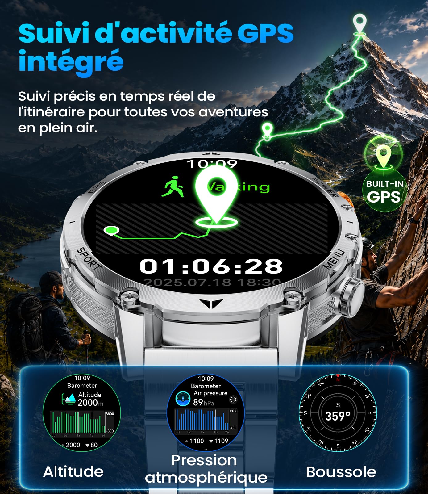 SUNKTA GPS 1400mAh Montre Connectée Homme, Altimètre, Boussole, Appels Bluetooth, Écran HD 1,7", Lampe LED, 120+ Modes Sportifs, Smartwatch Homme Sport, Fréquence Cardiaque, SpO2, Android/iOS,Argent