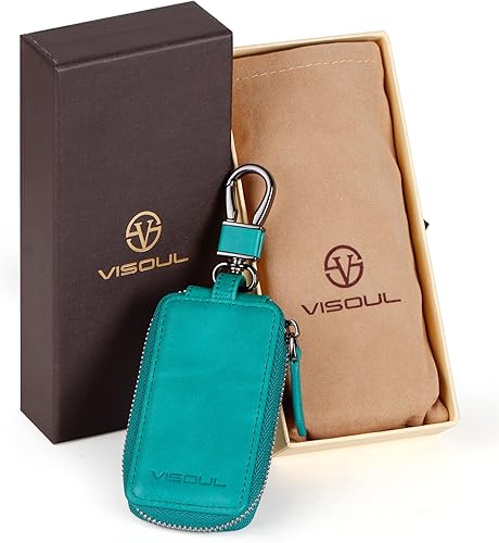 Miniatura 5 de VISOUL Leather Car Key Fob Case Holder for Men and Women, Zipper Keychain Protector Cover with Metal Hook for House Keys