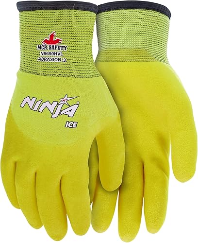 MCR Safety N9690HVL Ninja Ice - Guantes de doble capa con revestimiento HPT, grandes (paquete de 12), amarillo limón