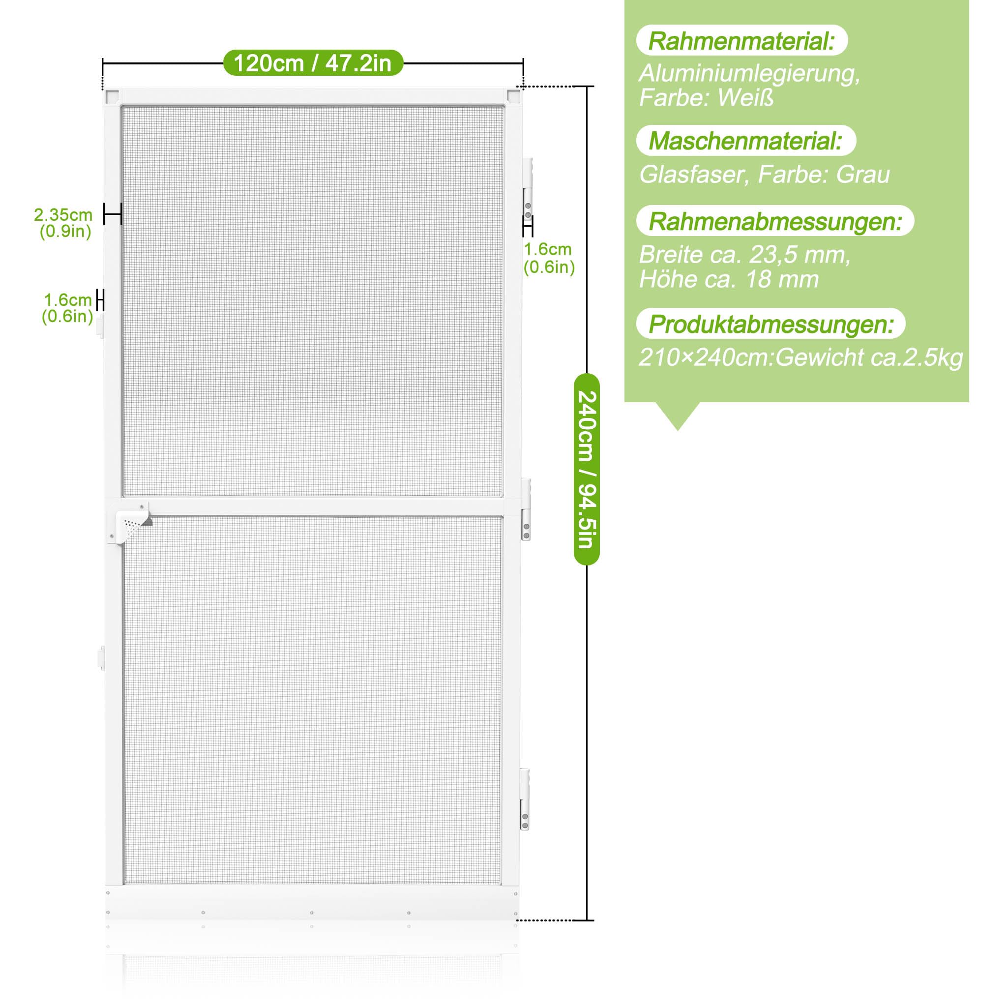 XMTECH Fliegengitter Tür 120×240cm, Insektenschutz Tür mit Alurahmen Weiß | Selbstschließende Fliegengittertür mit Fiberglasgewebe stabilem Aluminiumrahmen und einfachem Zuschnitt für Balkon Terrasse