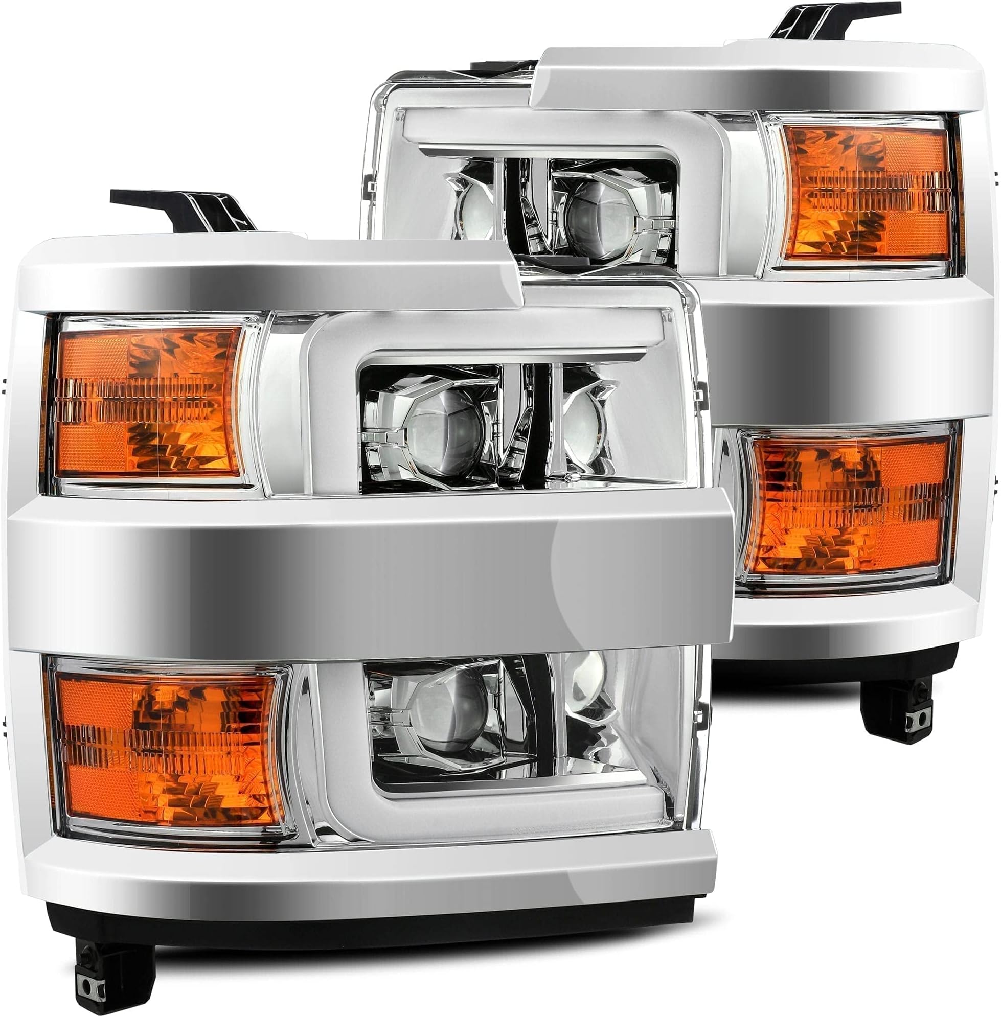 AlphaRex PRO-Series Chrome Headlights Compatible with 15-19 Silverado 2500HD/3500HD LED Tube Dual Projector Headlights with DRL/Activation Light