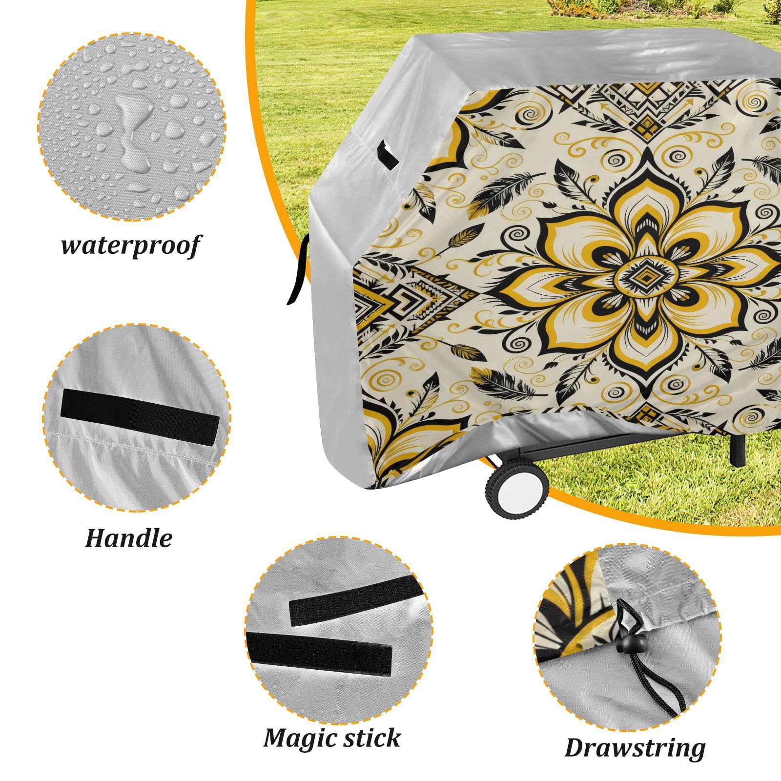 Pokrowiec na grilla na patio, 150 cm, wytrzymały, odporny na blaknięcie i promieniowanie UV, na zewnątrz, patio, pokrowiec na grilla, kwiat paisley, ciemnoczarny, żółty, złoty