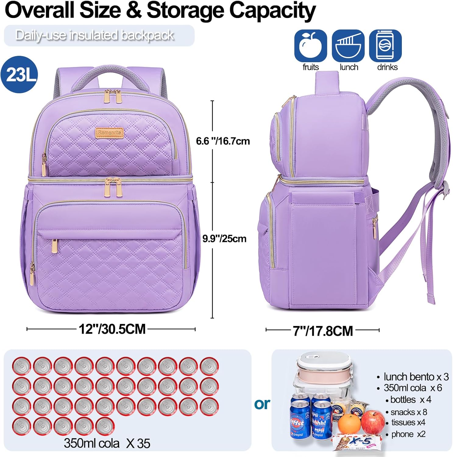 Lunch Backpack Insulated Coolers Backpacks - Lunch Bag for Women Double Decker Lunch Box, Leakproof Lunchbag Large Lunchbox Back Pack Lunch Cooler Bag for Picnic Beach Camping Work - Image 2