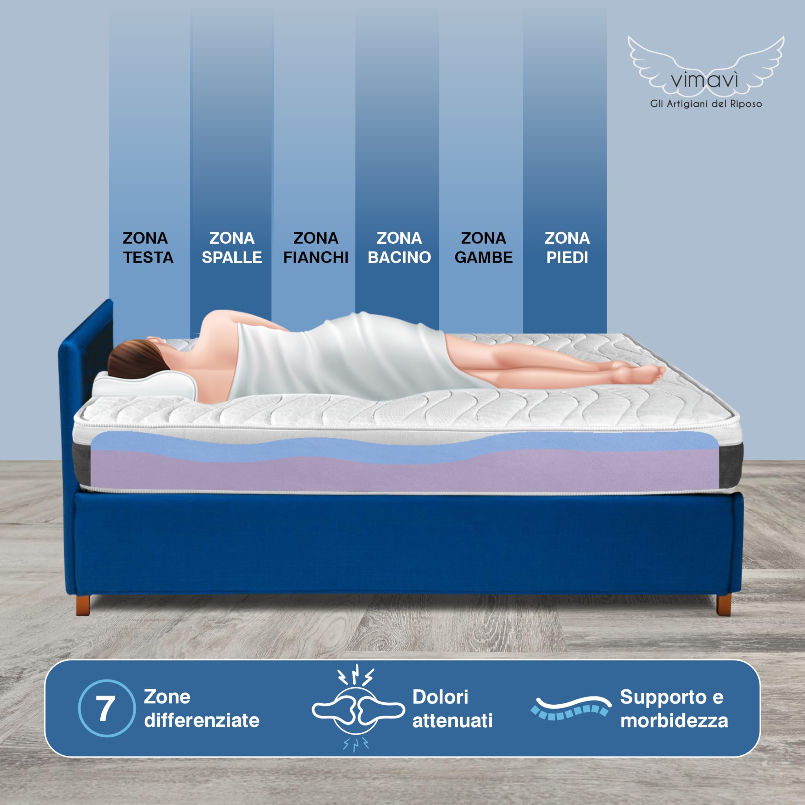 vimavì Materasso una Piazza e Mezza Molle Insacchettate e Memory Foam BluGel 120x190 - H26/27 cm - Disp. Medico - Sfoderabile e Anallergico - Cuscino Omaggio - Termoregolante - Made in Italy