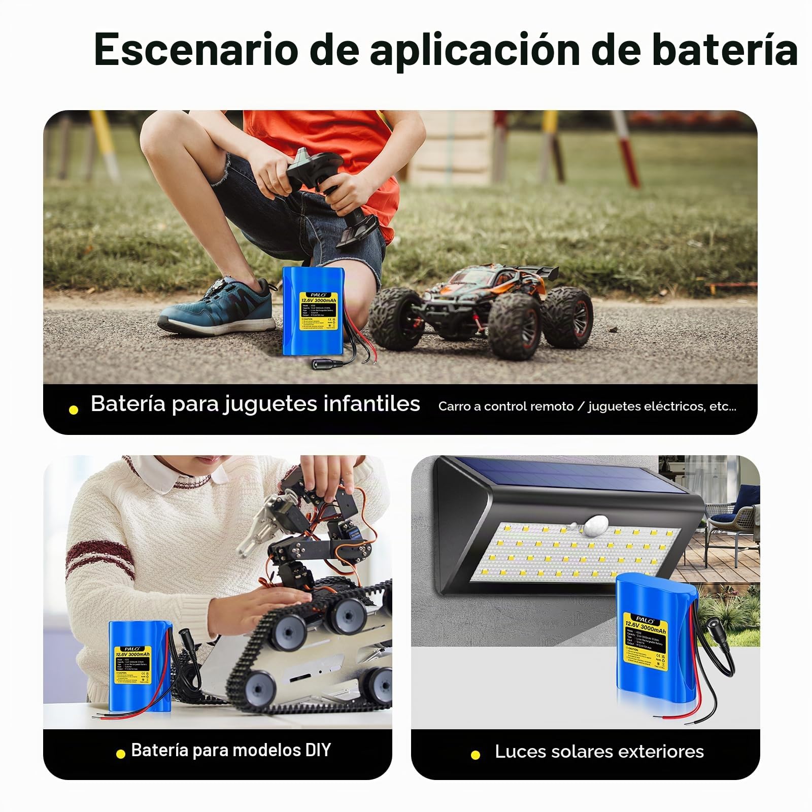 Batería de Iones de Litio de 12,6 V 3000 mAh con Cargador y 2 líneas de conexión para Panel Solar, Radio, cámaras, videocámaras, lámpara de Lectura de Bricolaje, telescopios, Sonar