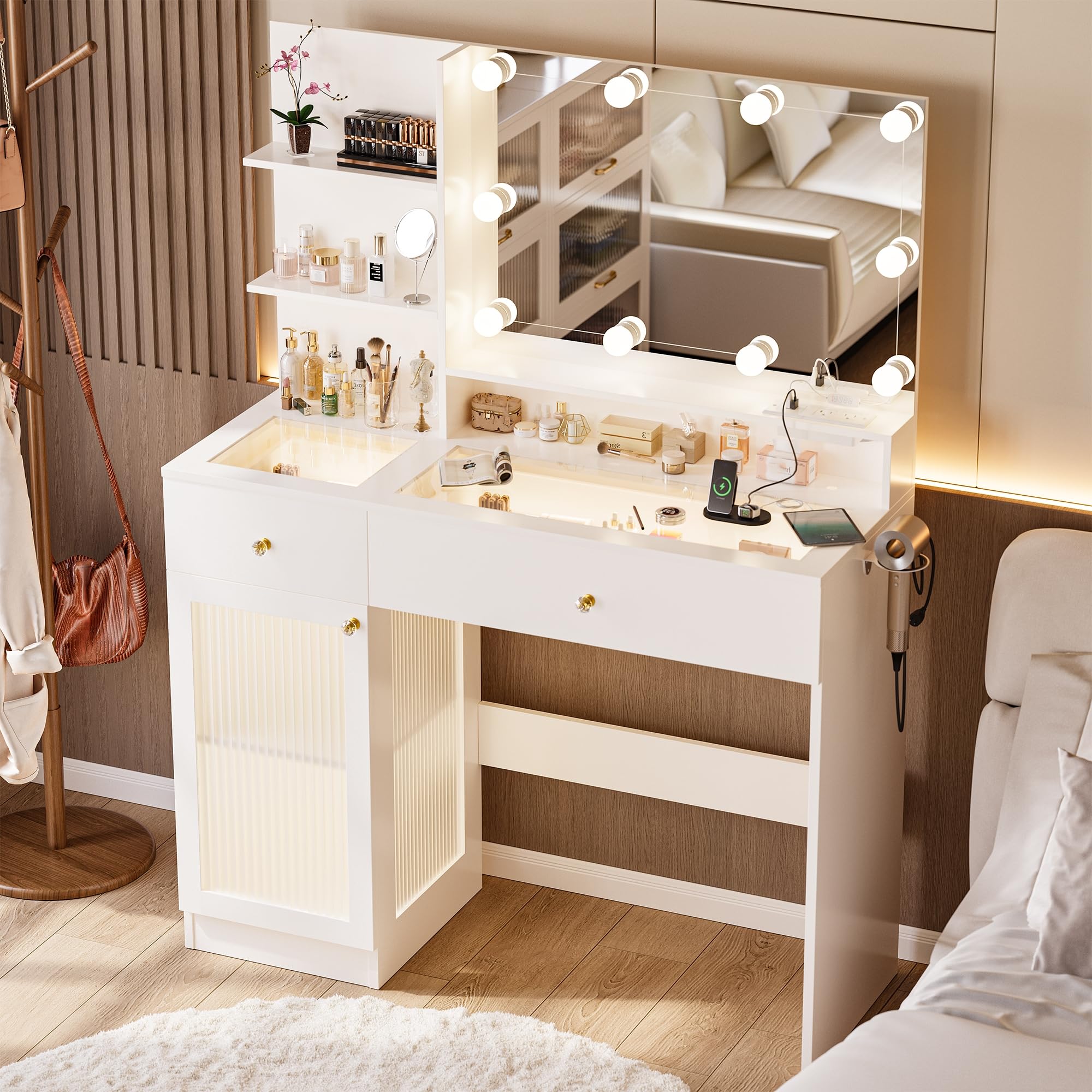 astimey 40" Vanity Desk with Mirror & Lights, Makeup Vanity with Glass Top & Storage Drawer & Glass Cabinet, 3 LED Light Modes, Power Outlet for