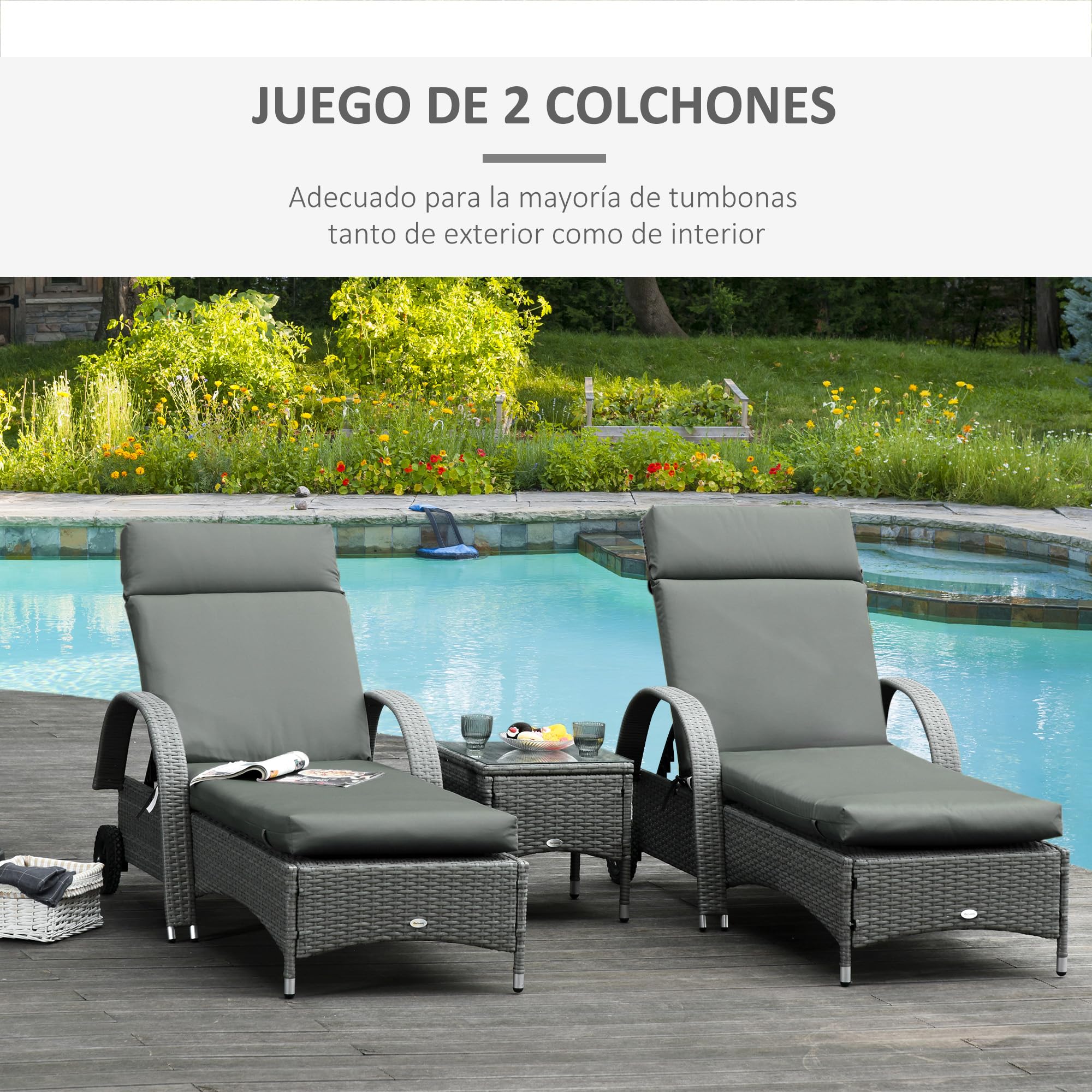 Outsunny Pack 2 Cojines para Tumbona 196x55x8 cm Colchoneta para Tumbona Acolchado Colchón para Silla de Jardín Terraza Balcón Cojines SOLO Gris