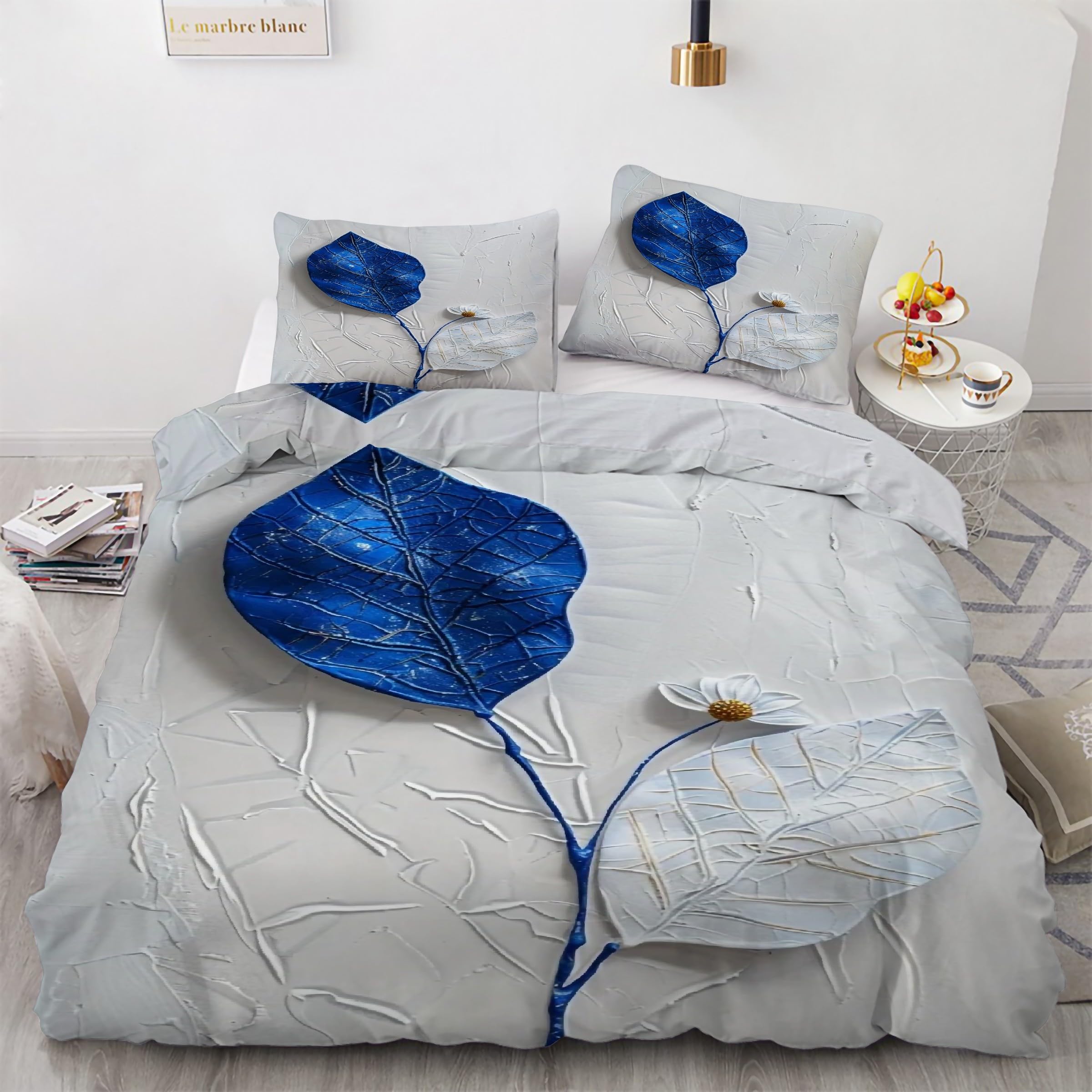 Housse de couette 90x190 bleu avec taies d'oreiller, parure de lit 3 pièces imprimé feuille