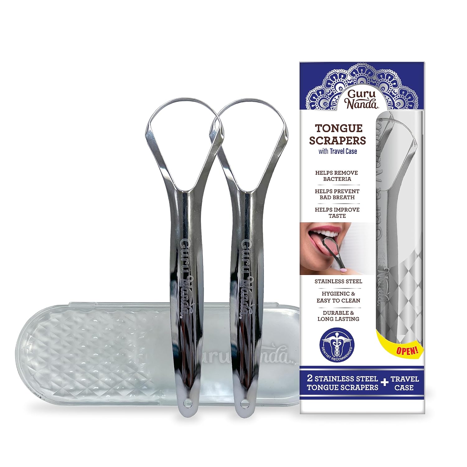 GuruNanda Stainless Steel Tongue Scraper (Pack of 2), Fight Bad Breath, Medical Grade 100% Stainless Steel Tongue Cleaner, Tongue Scraper For Adults and Kids, Great For Oral Care, Travel Friendly : Health & Household