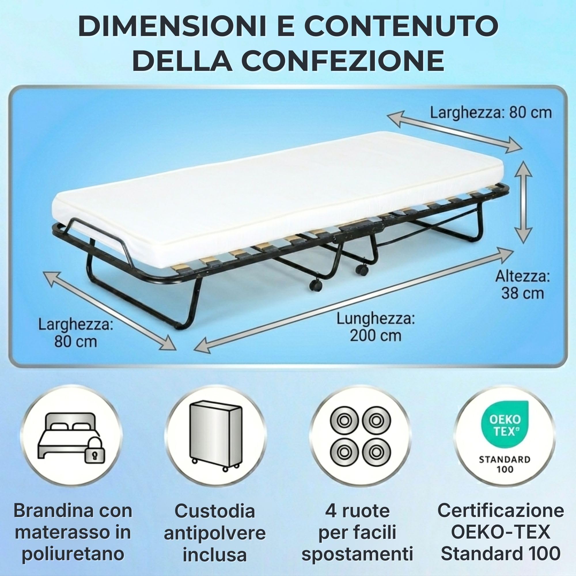 SEDIAOFFICE - Brandina Pieghevole con Materasso e Apertura Automatica Made in Italy, Letto Singolo a Scomparsa (80x200) Letto Pieghevole Singolo con Materasso Alto 10cm (Bianca, 15 Doghe)
