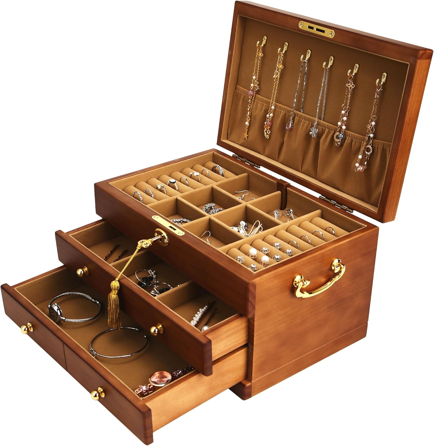 Wooden Jewelry Box with Lock and Key for Women, 2 Drawers Medium Size Real Natural Wood Lockable Antique Organizer with Large Storage, Ring Compartments, Built in Necklace Hooks