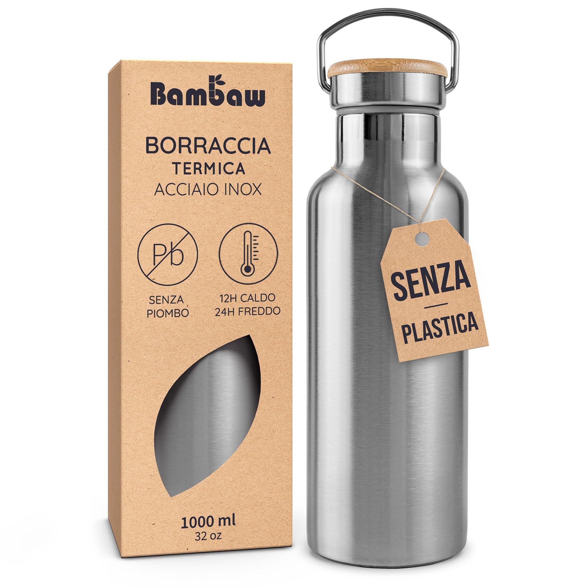 Bambaw Bottiglia Termica 1 Litro, Borraccia Acciaio Inox, Bevande Calde E Fredde, Borraccia Termica 1 Litro, Borracce Termiche, Bottiglia Isotermica, Borraccia Metallo, Water Bottle