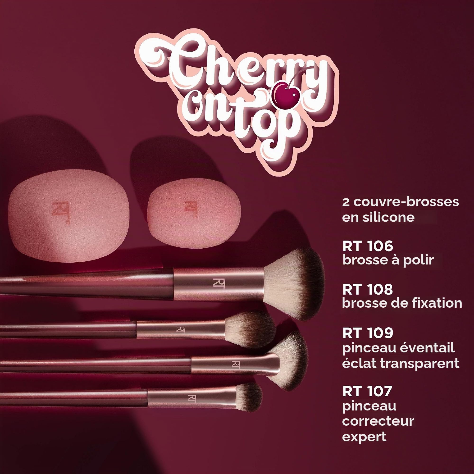 Real Techniques Cherry On Top Lot de 6 pinceaux de maquillage pour le visage et housses de voyage pour fond de teint, anti-cernes, poudre et blush, poils synthétiques, végétalien et sans cruauté