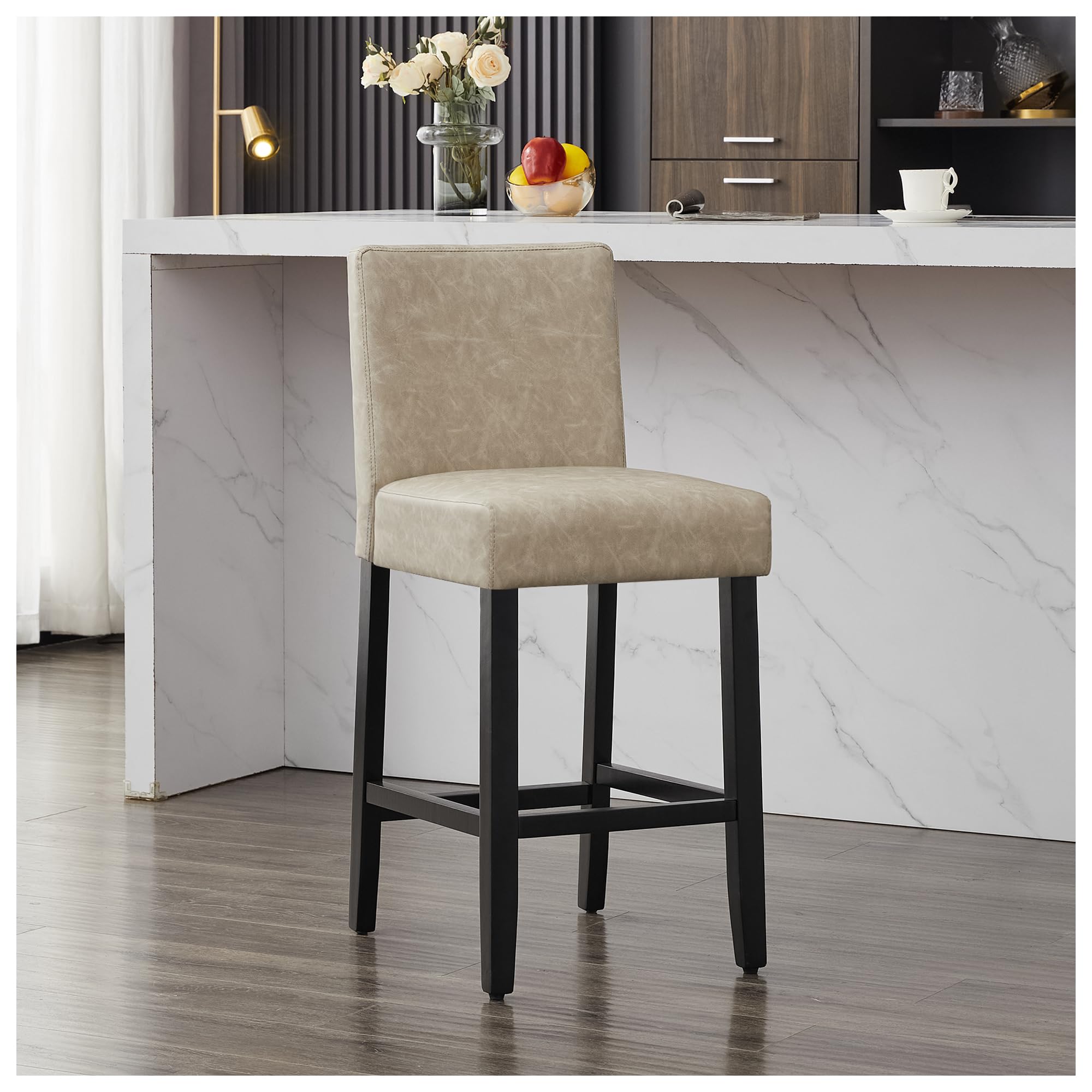 26'' Faux Leather Bar Stools, Modern Upholstered Bar Height Bar Chairs, Soild Wood Legs Barstools with Back, Beige