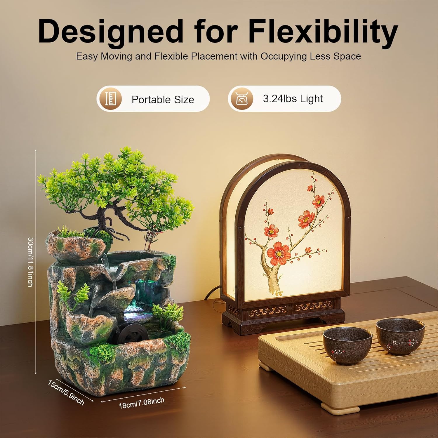 Resin Rockery, Waterfall Fountain Tabletop Ornament with LED, Rockery Tabletop Fountains Desktop Fountain Waterfall Fish Pond, Artificial Trees, Mini Decor for Indoor Home Office