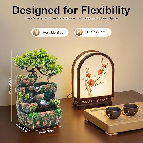 Miniatura 5 de Fuente de cascada de escritorio, fuentes de agua, adorno de escritorio bonsái interior con luz LED, meditación zen para el hogar, oficina, 1,Estilo