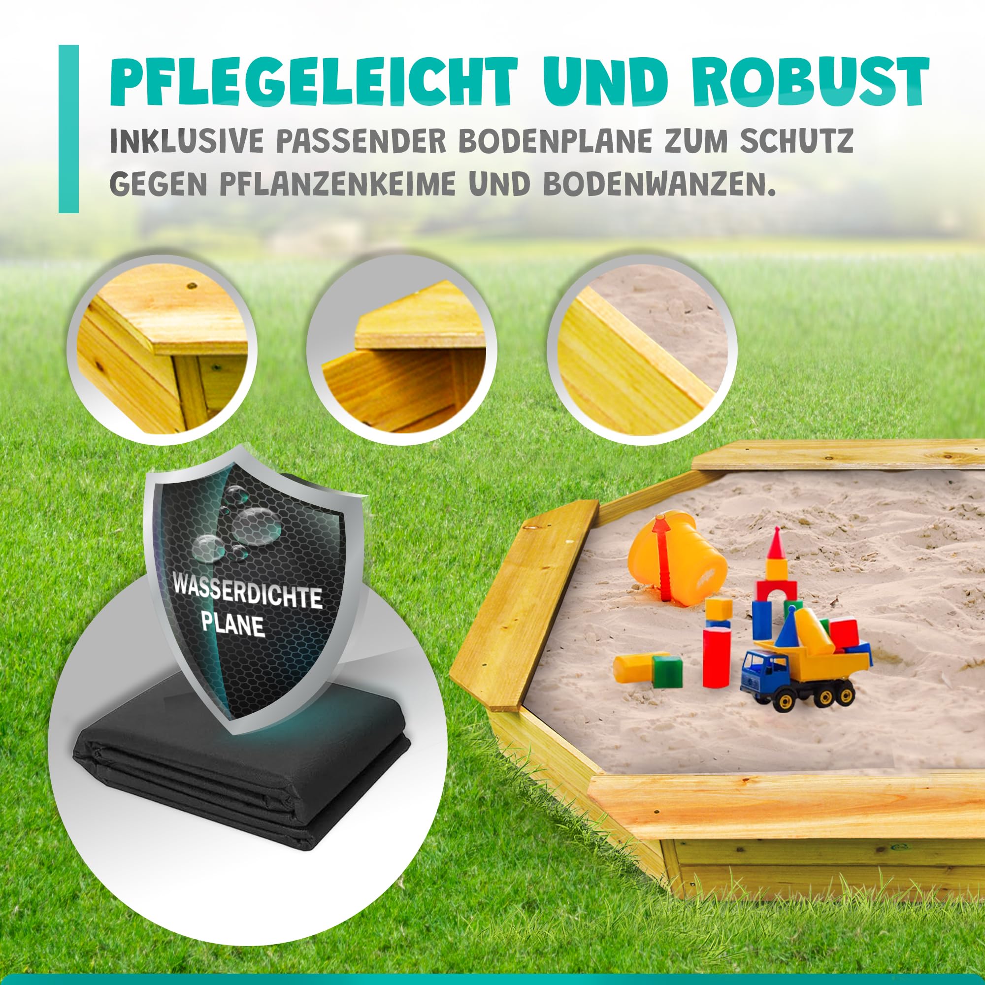 6-eckiger Sandkasten Sally Holz Braun inkl schwarzer Bodenplane 125x125x20 cm Sandkiste 4 Sitzbretter