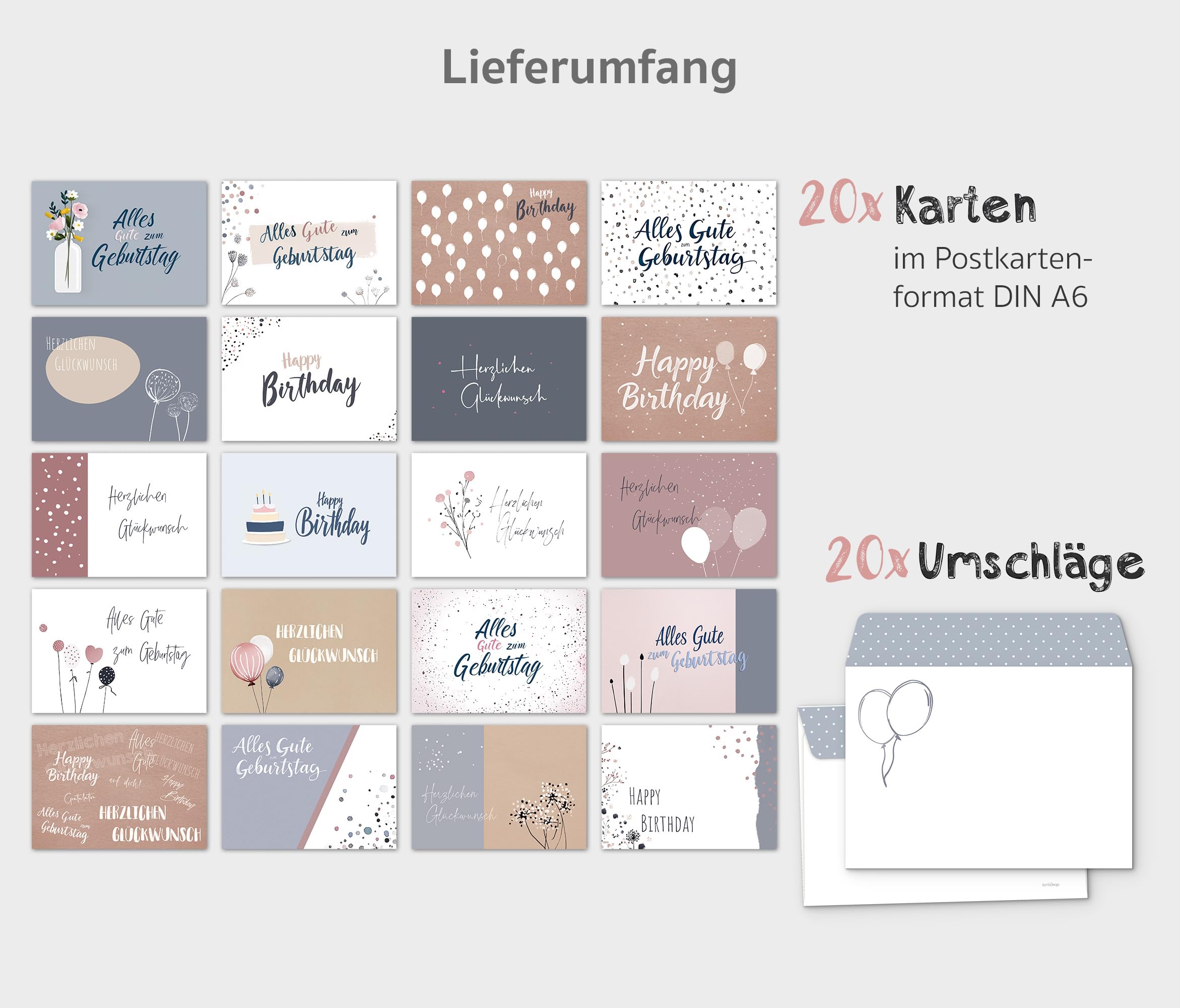 beriluDesign 20 Geburtstagskarten Set mit Umschlägen - Glückwunschkarten, Postkarten zum Geburtstag - Happy Birthday Karten - ideal als Grußkarte oder Gutschein (20 Karten + 20 Umschläge)